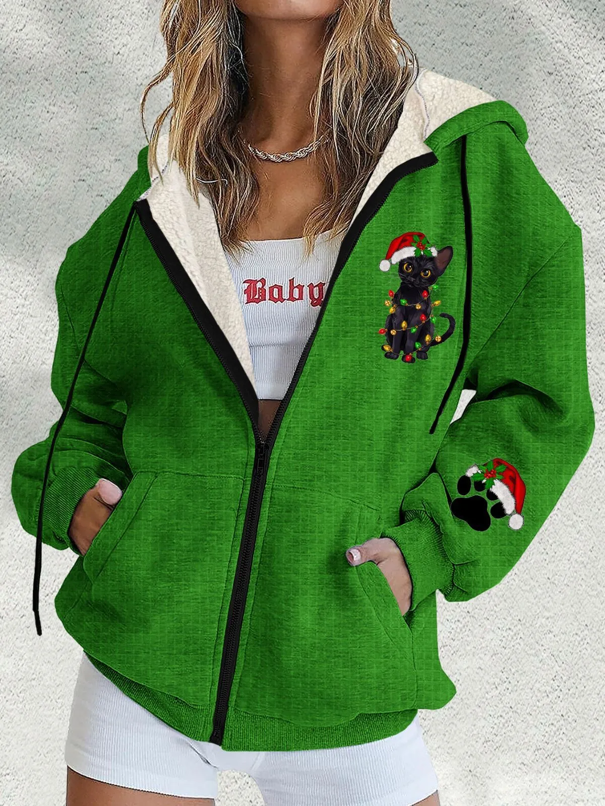 Christmas Cat Print Round Neck Drop Shoulder Oversize Casual Sweatshirt Hooded Jacket, 1 of 3