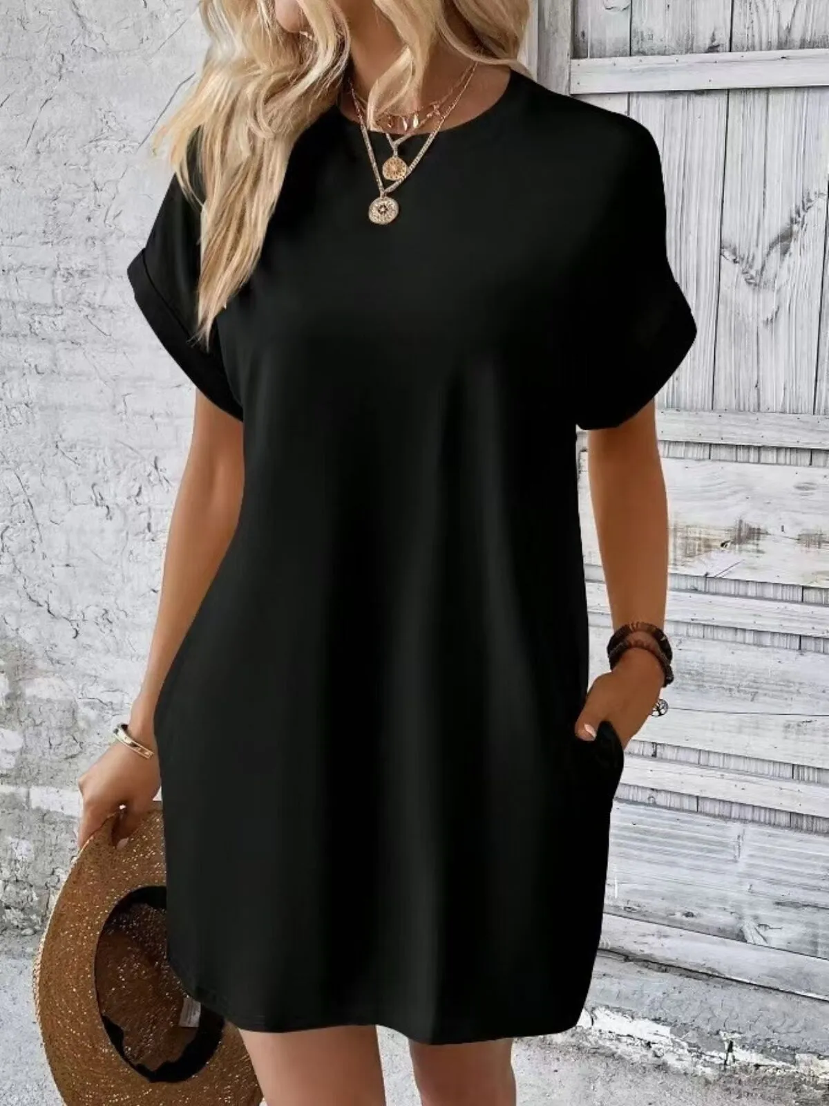 Solid Casual Pocket Batwing Roll Up Sleeve Tee Dress, 1 of 2