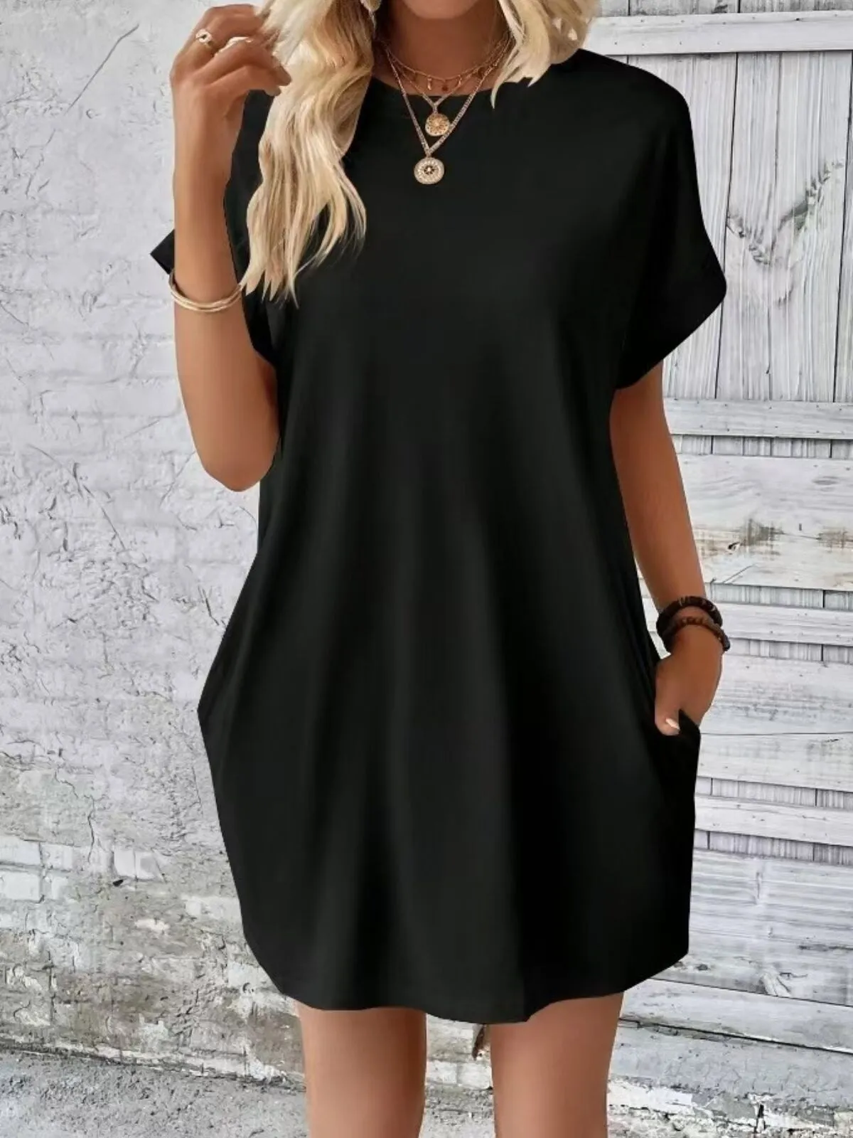 Solid Casual Pocket Batwing Roll Up Sleeve Tee Dress, 2 of 2