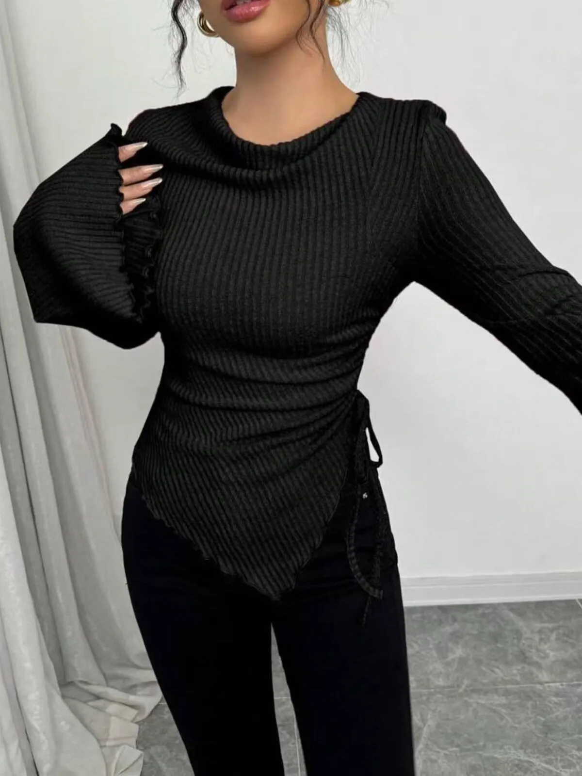 Solid Asymmetrical Round Neck Slim-Fitting Casual T-shirt Fashionable Everyday Wear, 1 of 1