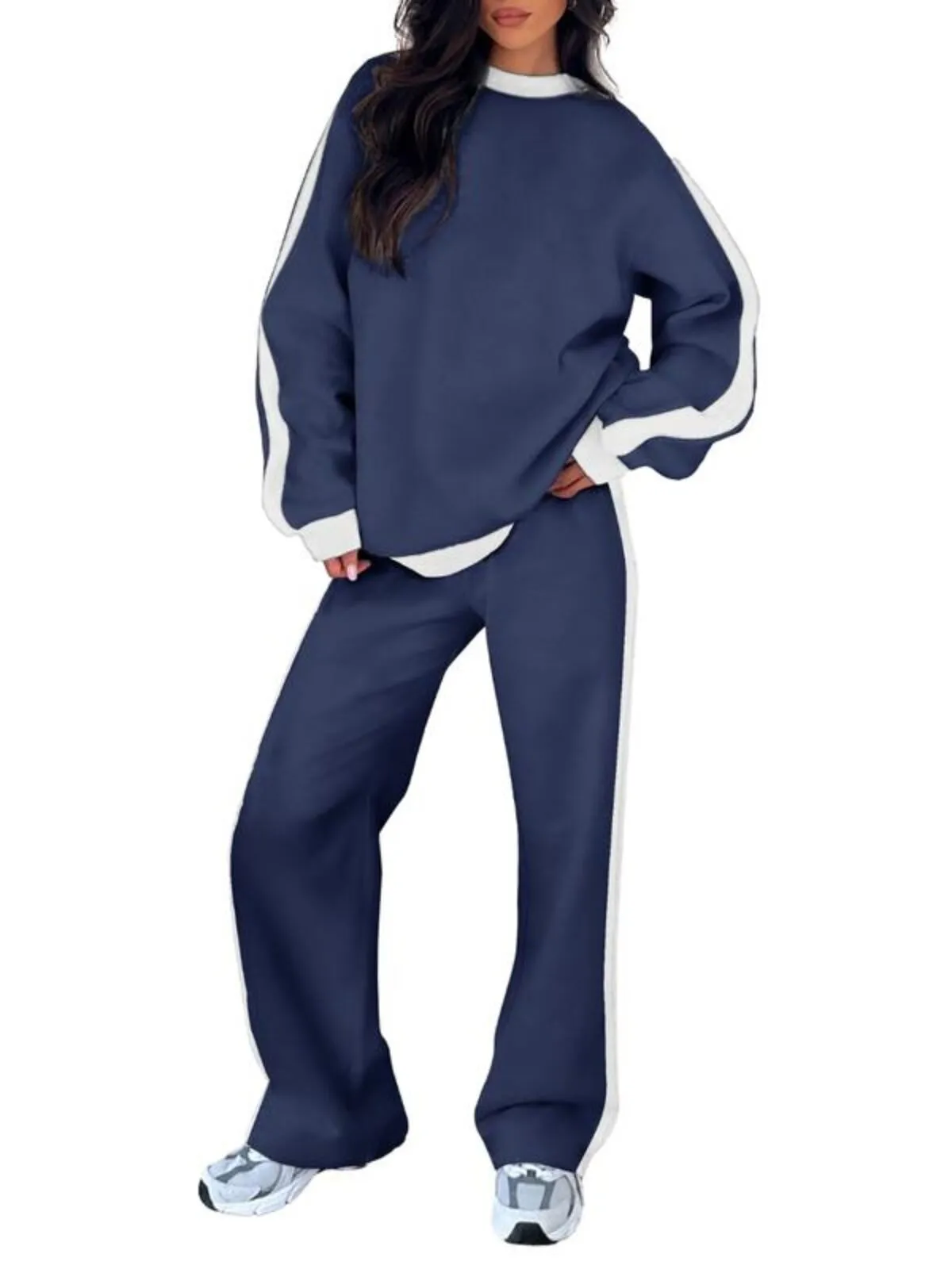 Casual Drop Shoulder Side Stripe Sweatshirt & Straight Leg Sweatpants, 1 of 3