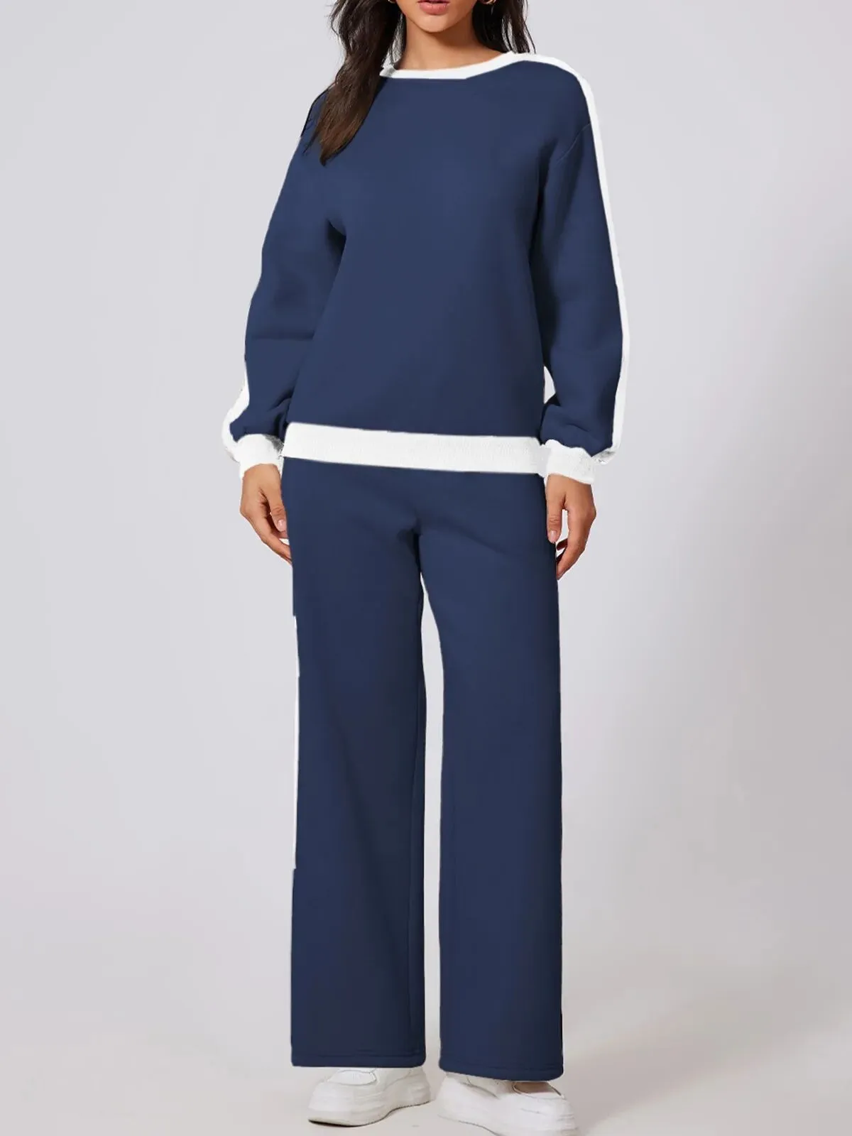 Casual Drop Shoulder Side Stripe Sweatshirt & Straight Leg Sweatpants, 3 of 3