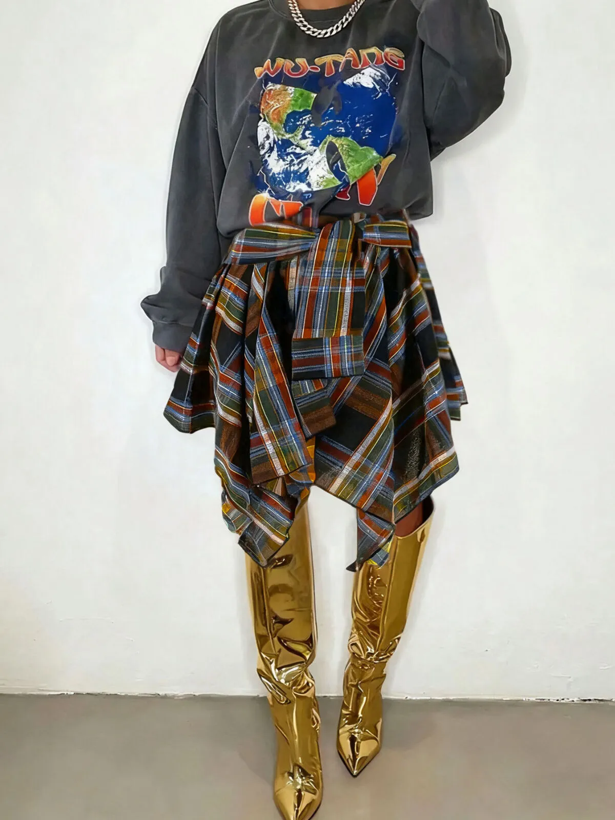 Casual Fashion Tie Front Plaid Print Asymmetrical Hem A Line Skirt, 1 of 5