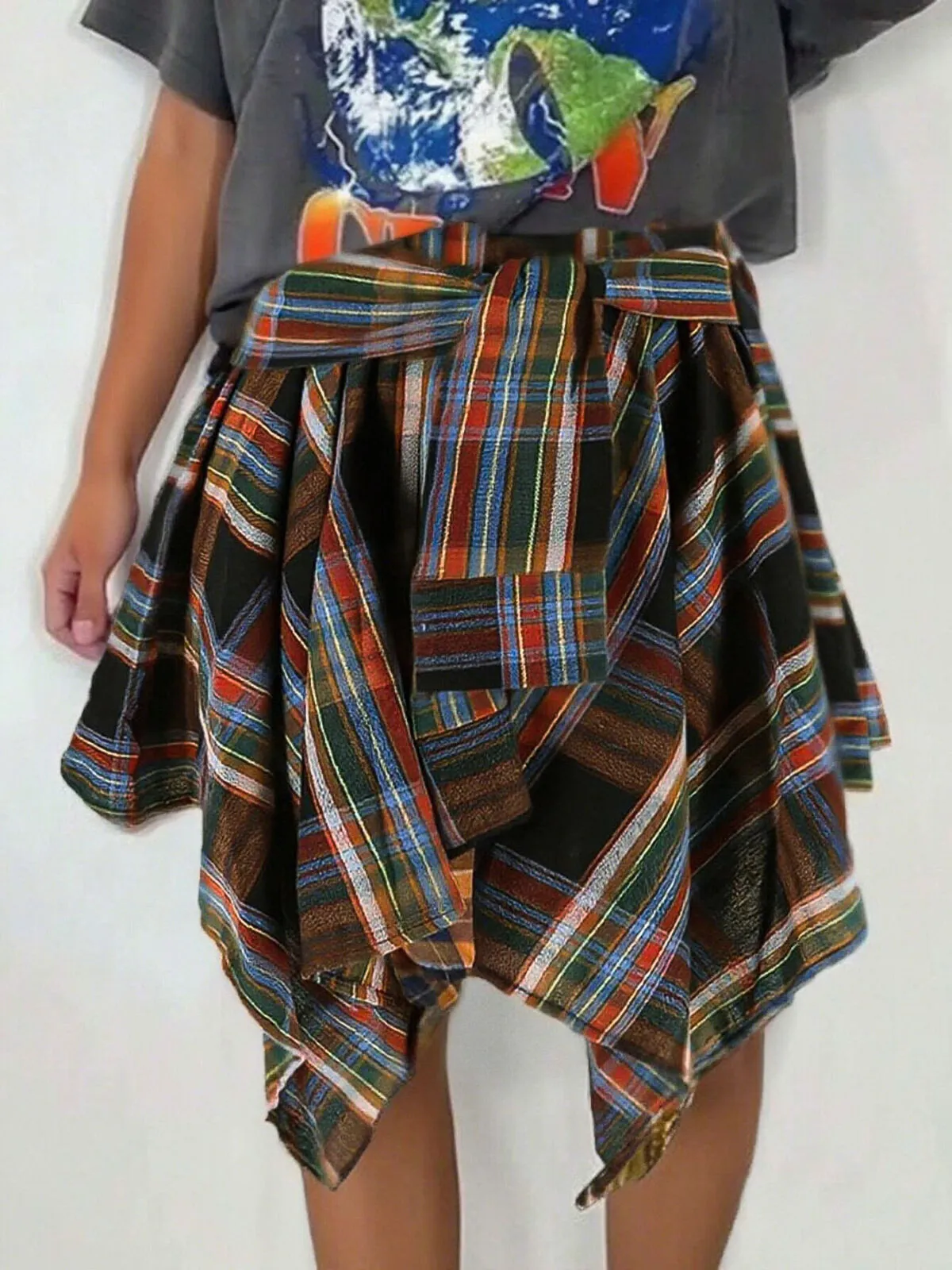 Casual Fashion Tie Front Plaid Print Asymmetrical Hem A Line Skirt, 2 of 5