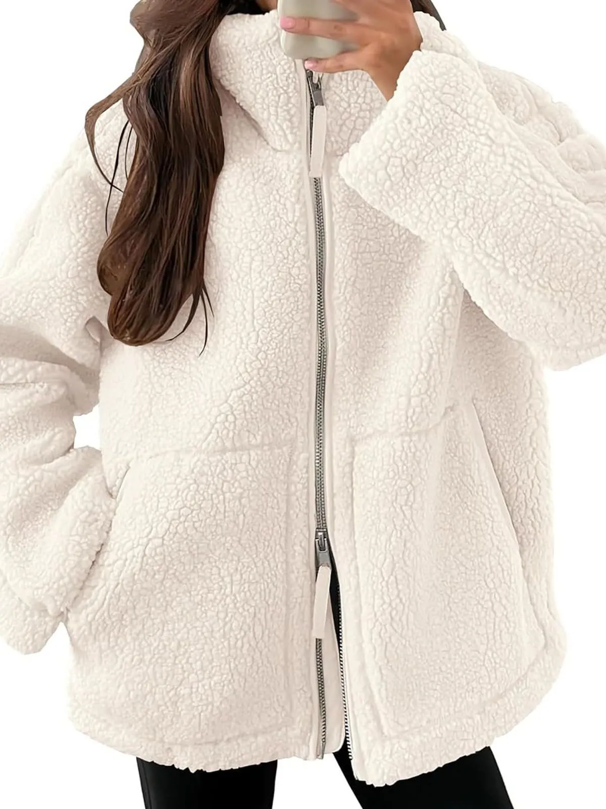 Solid Teddy Fleece Zipper High Neck Warm Thick Leisure Winter Outwear Coat, 2 of 6