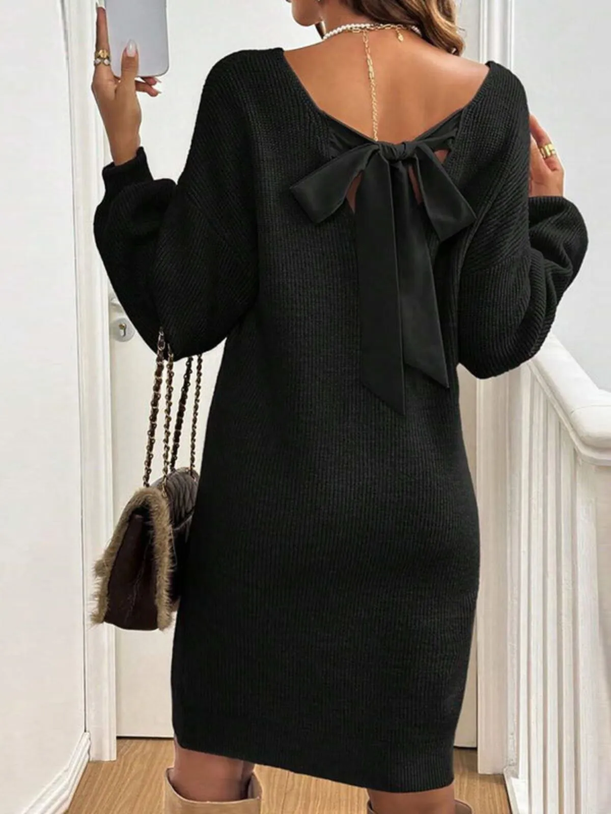 Solid Bow V-neck Elegant Modern Sweater Sheath Fitted Dress, 2 of 3
