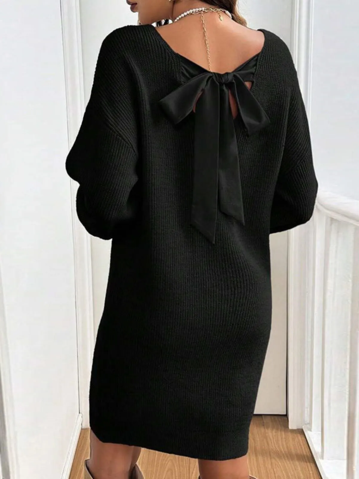 Solid Bow V-neck Elegant Modern Sweater Sheath Fitted Dress, 3 of 3