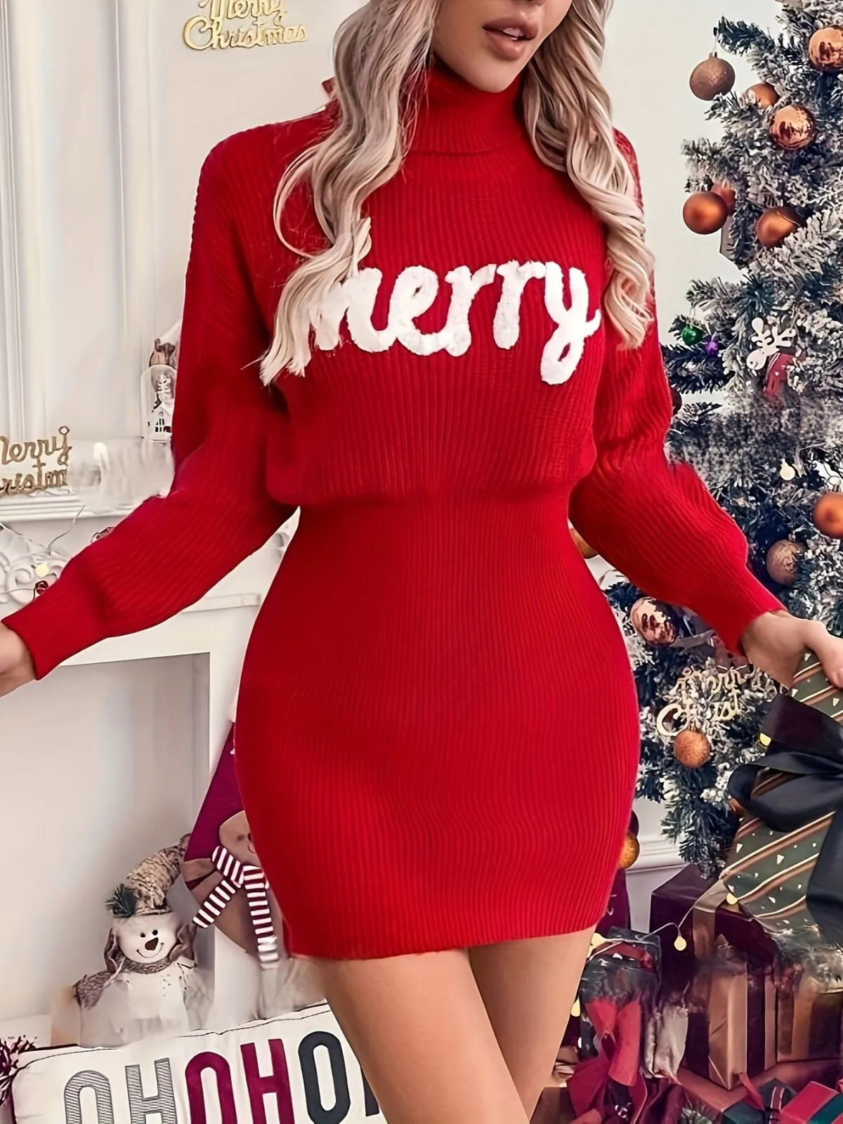 Casual Christmas Letter Print Fall/Winter For New Year Turtleneck Red Embroidered Bodycon Dress, 2 of 6