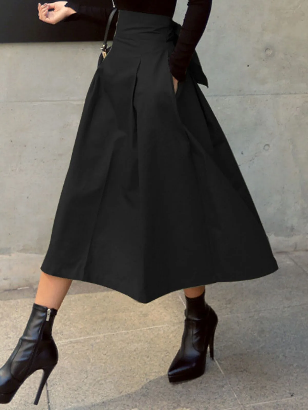 Solid New Slim Waist  A-Line Bow Big Swing Slip-On Skirt, 1 of 1