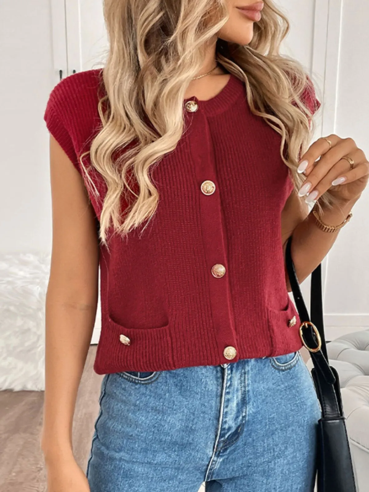 Solid Round Neck Burgundy Buttoned Pocket Knit Vest , 1 of 4