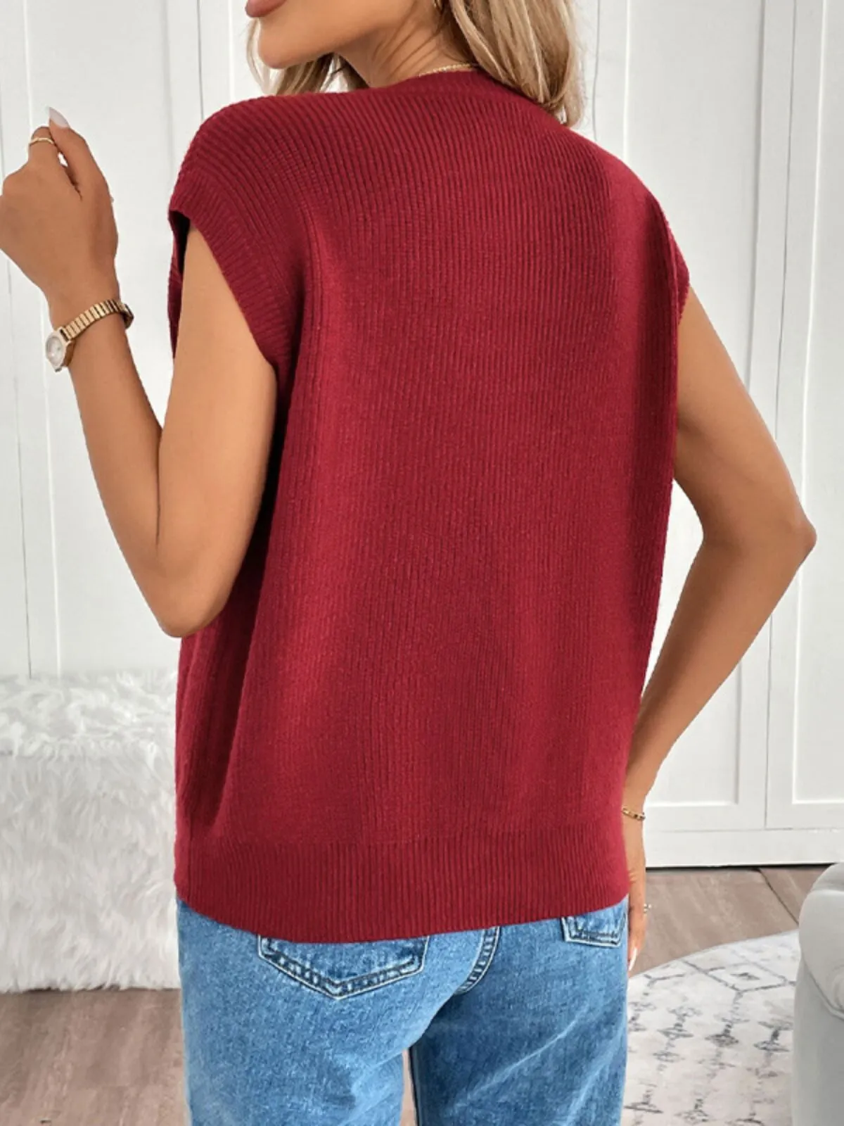 Solid Round Neck Burgundy Buttoned Pocket Knit Vest , 2 of 4