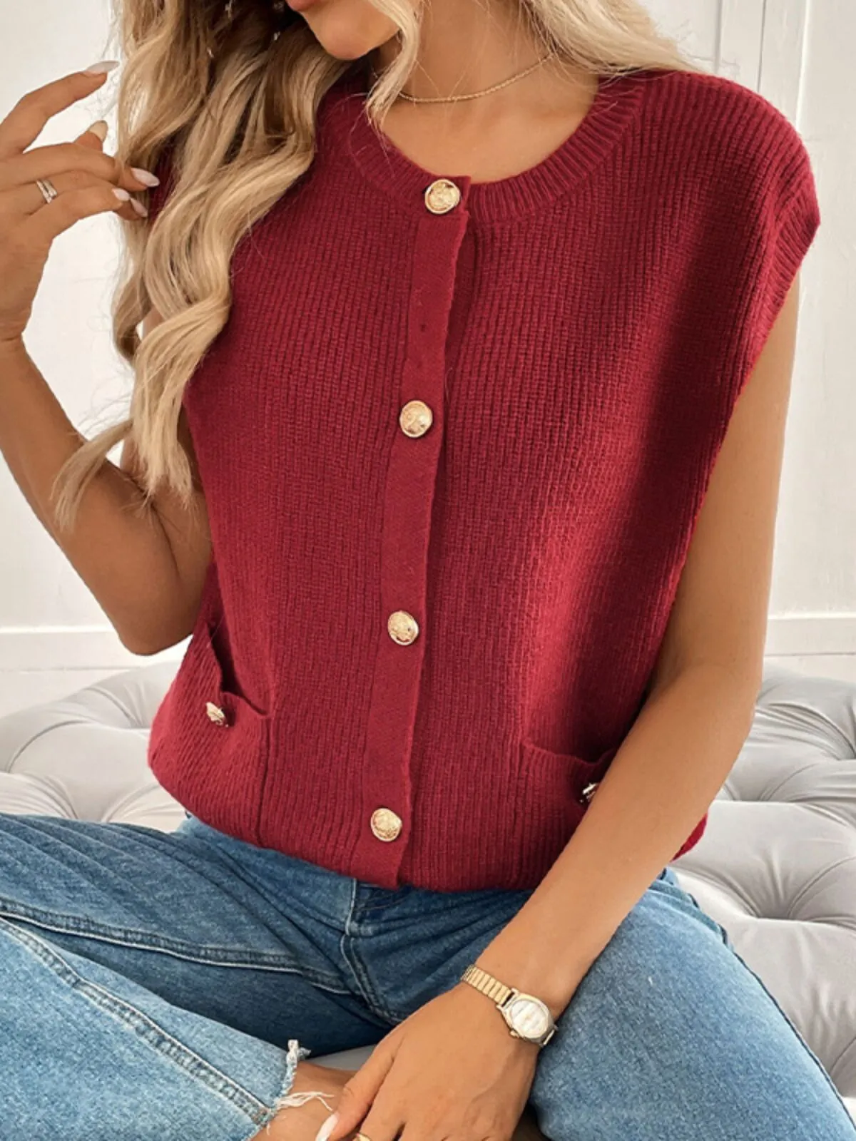 Solid Round Neck Burgundy Buttoned Pocket Knit Vest , 3 of 4