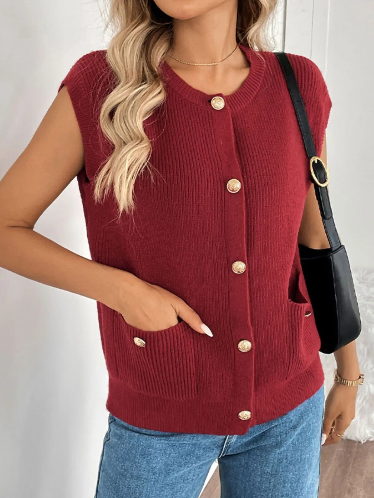 Solid Round Neck Burgundy Buttoned Pocket Knit Vest , 4 of 4