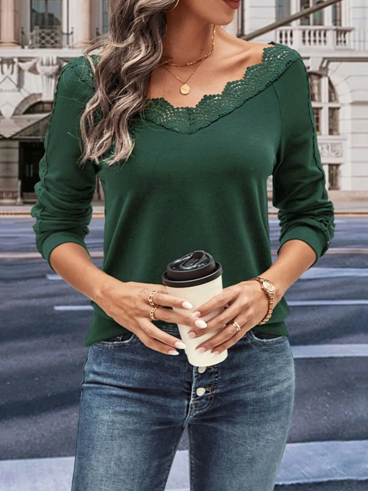 Solid Lace Trim V-Neck Business Casual Blouse Fall Fashion, 2 of 3