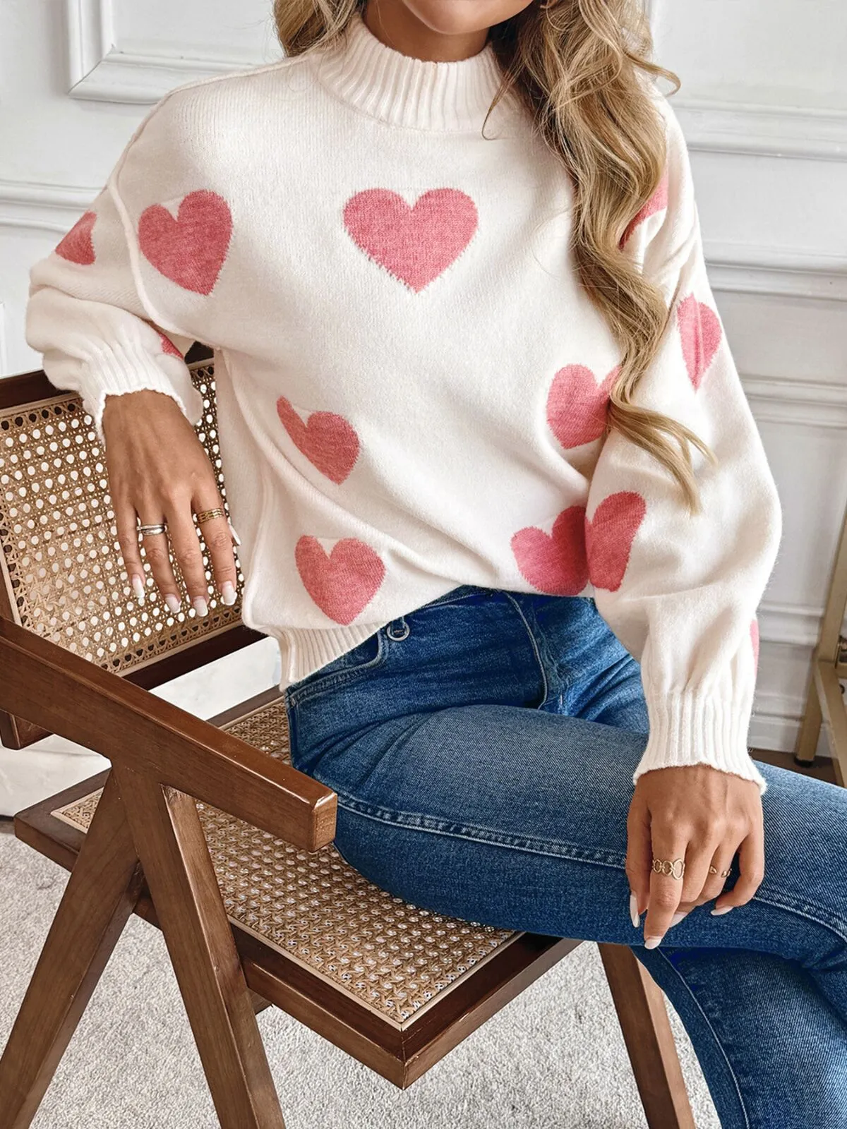 Heart Rib-knit Round Mock Neck Drop Shoulder Sweater, 1 of 5