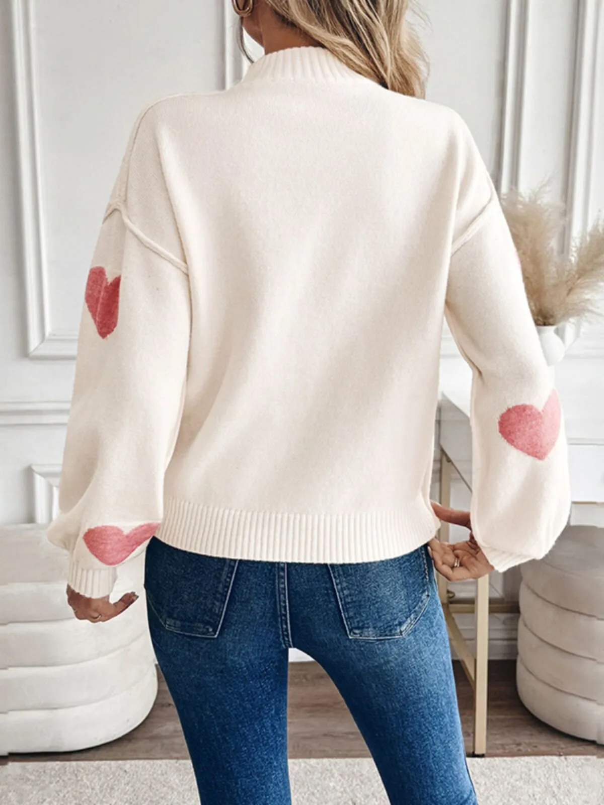 Heart Rib-knit Round Mock Neck Drop Shoulder Sweater, 2 of 5