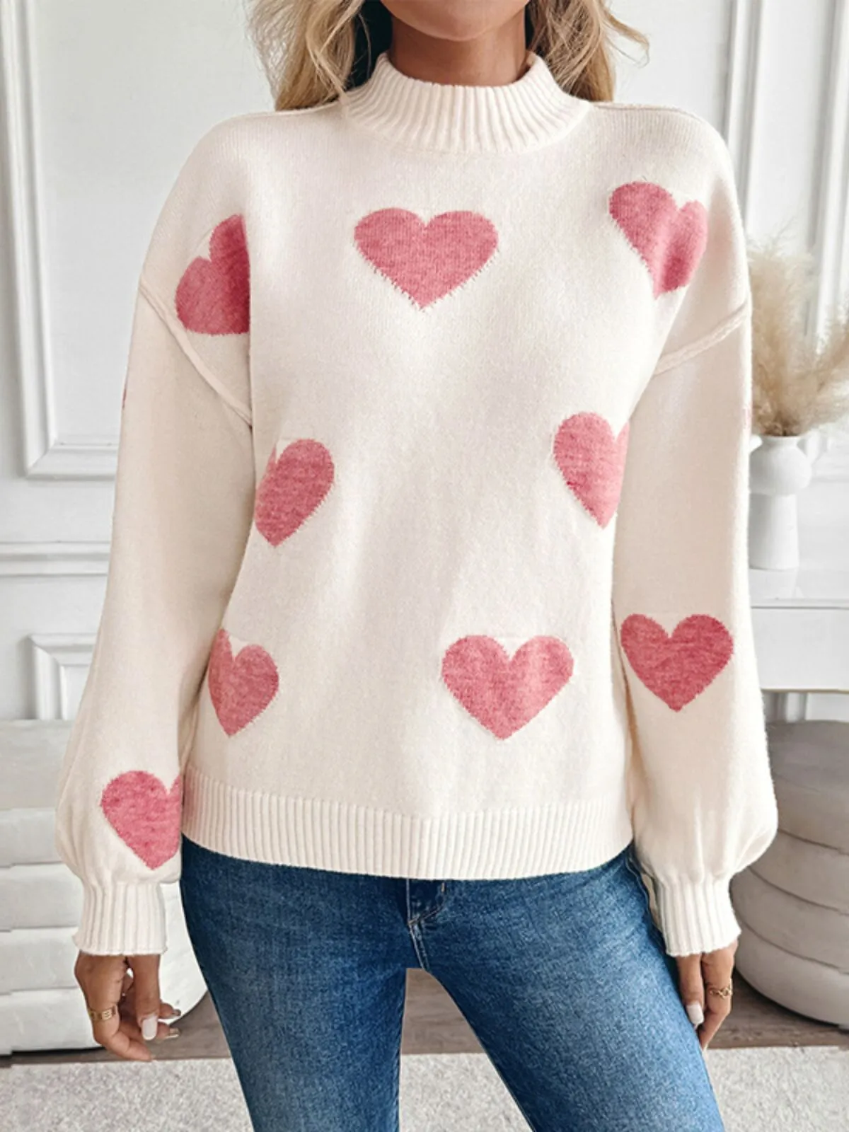 Heart Rib-knit Round Mock Neck Drop Shoulder Sweater, 3 of 5