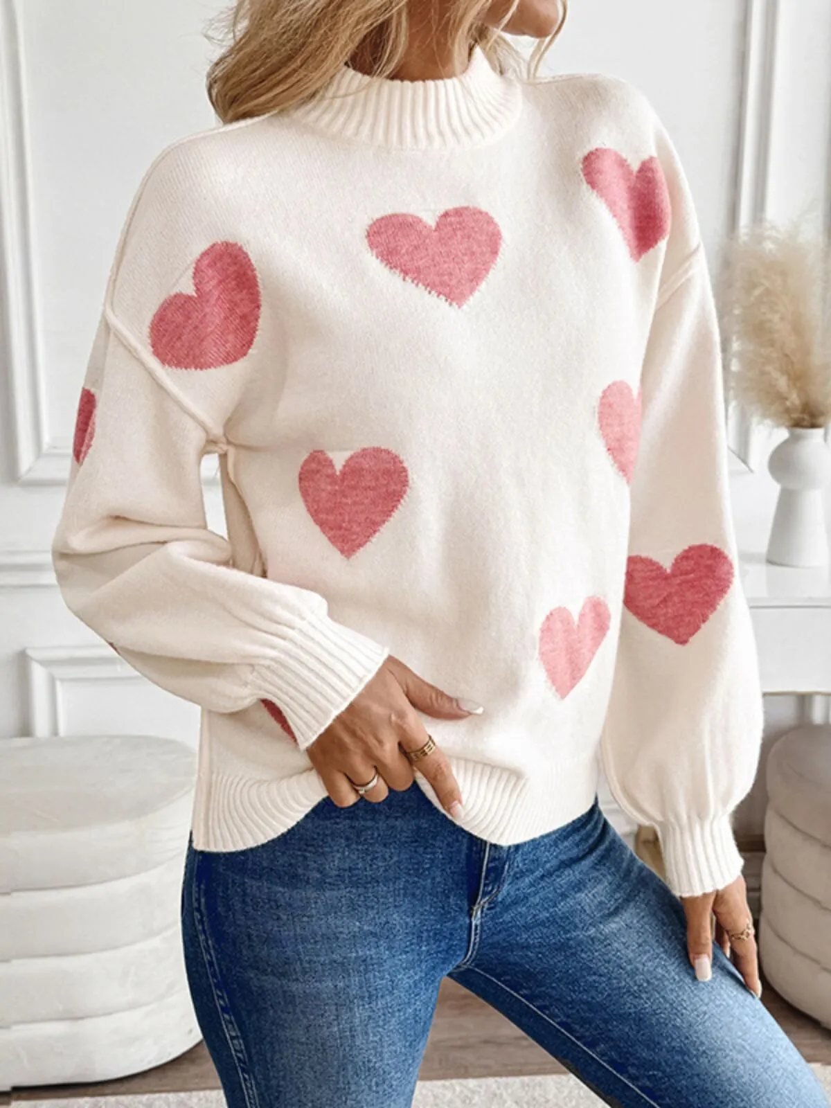 Heart Rib-knit Round Mock Neck Drop Shoulder Sweater, 5 of 5