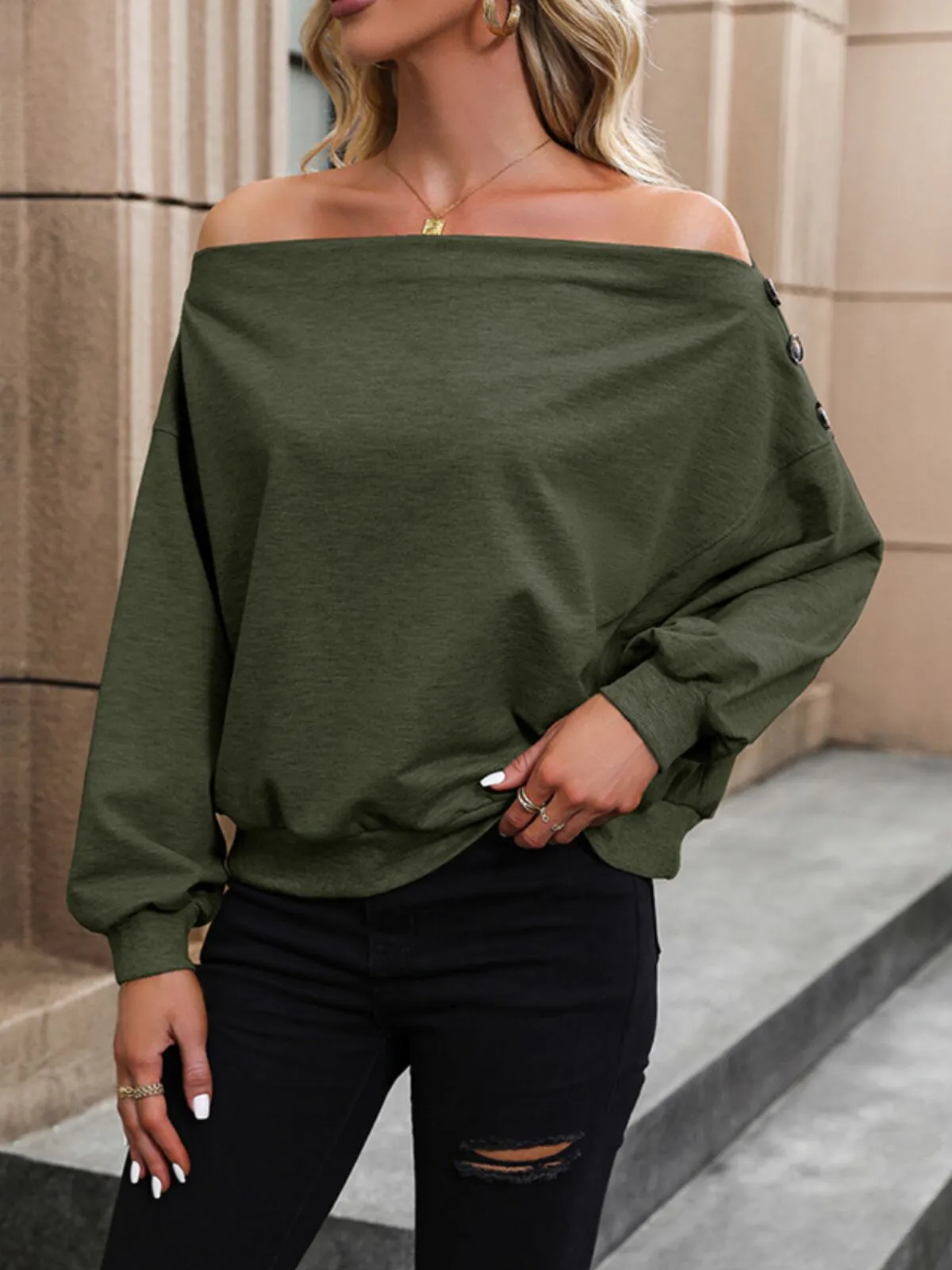 Solid Button Slashed Flare Elegant Classic Basic Blouse, 3 of 3