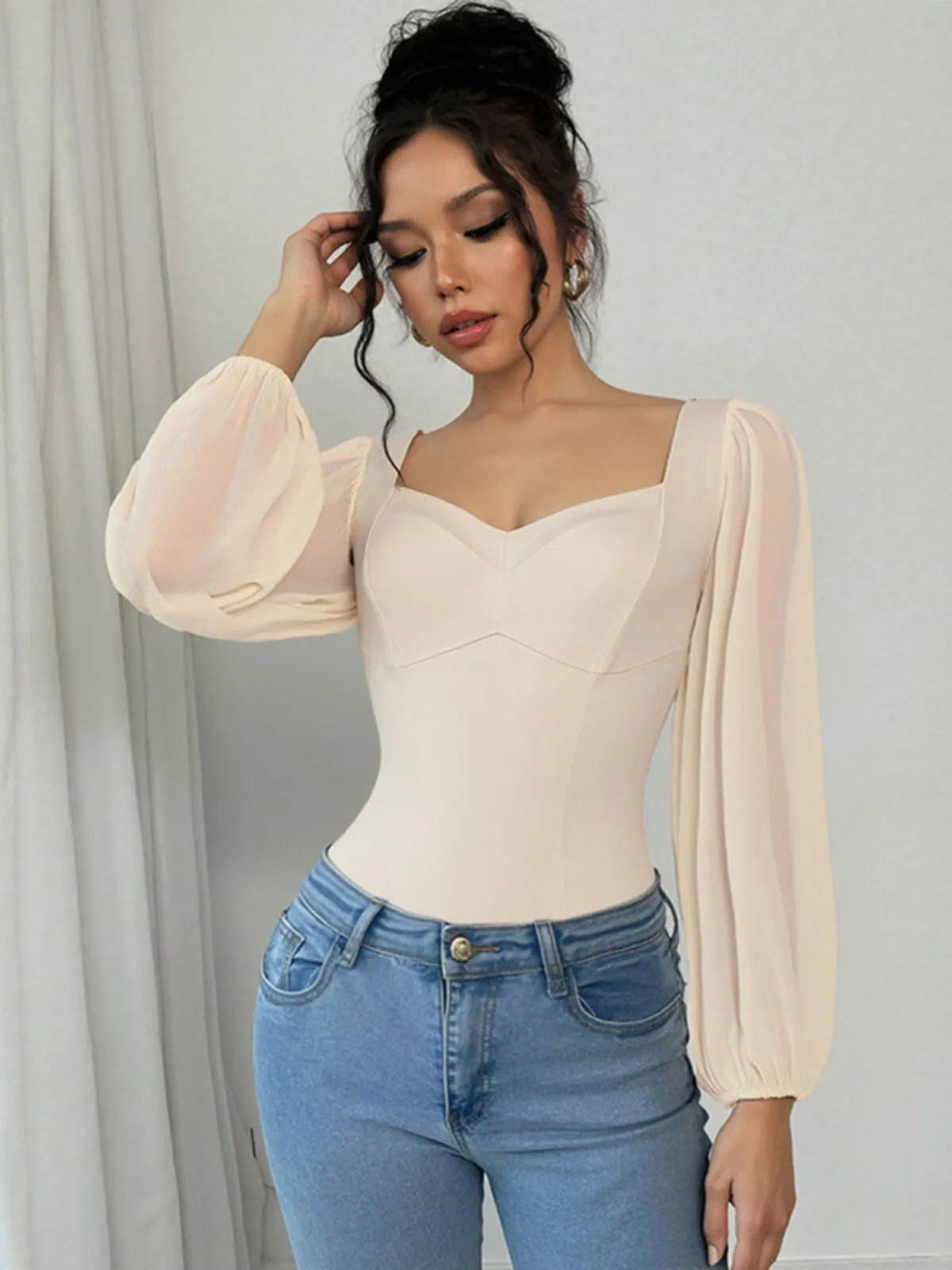 Sheer Mesh Lantern Long Sleeve Thong Bodysuit, 4 of 4