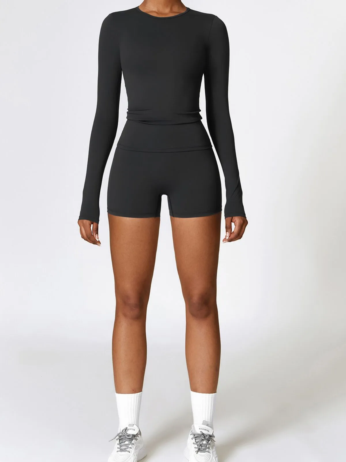 Long Sleeve Sports Set - High Waist Shorts and Stretchy Workout Top, Ideal for Yoga, Running, and Gym, 1 of 4