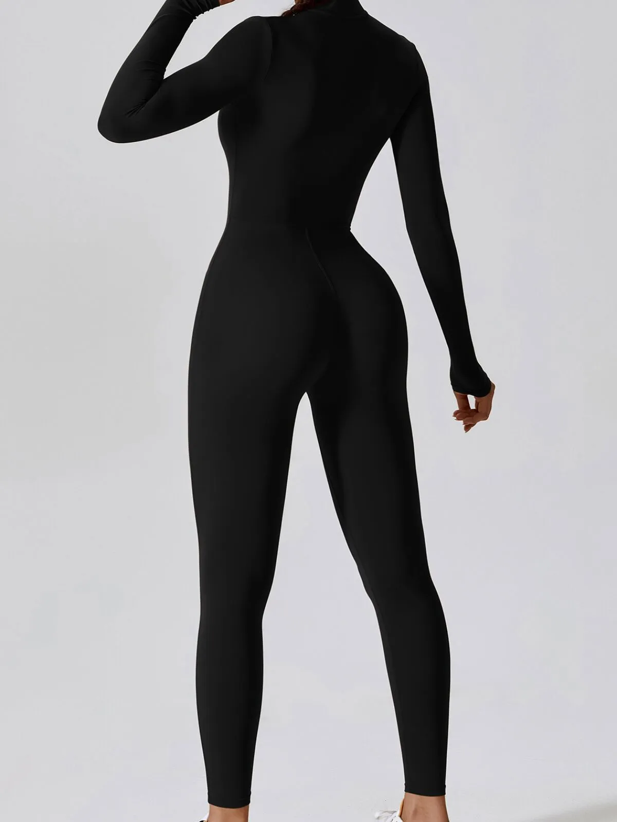 Solid Zipper Round Neck High Rise Workout Bodysuits, 2 of 5