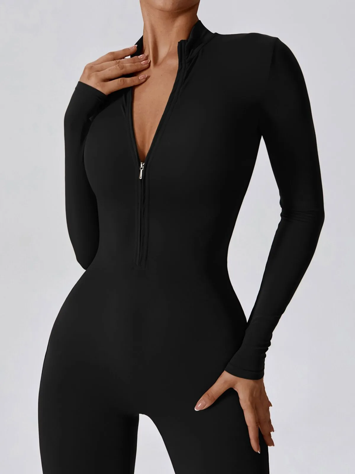 Solid Zipper Round Neck High Rise Workout Bodysuits, 3 of 5