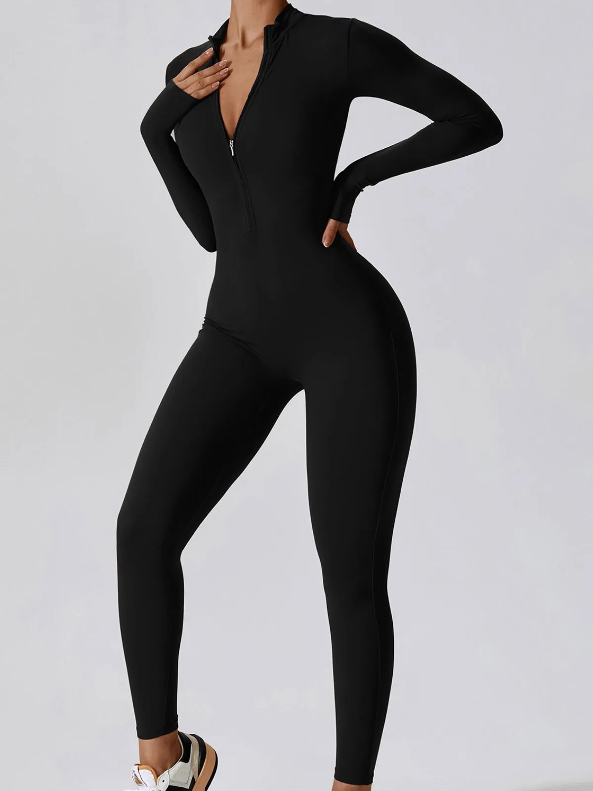 Solid Zipper Round Neck High Rise Workout Bodysuits, 4 of 5