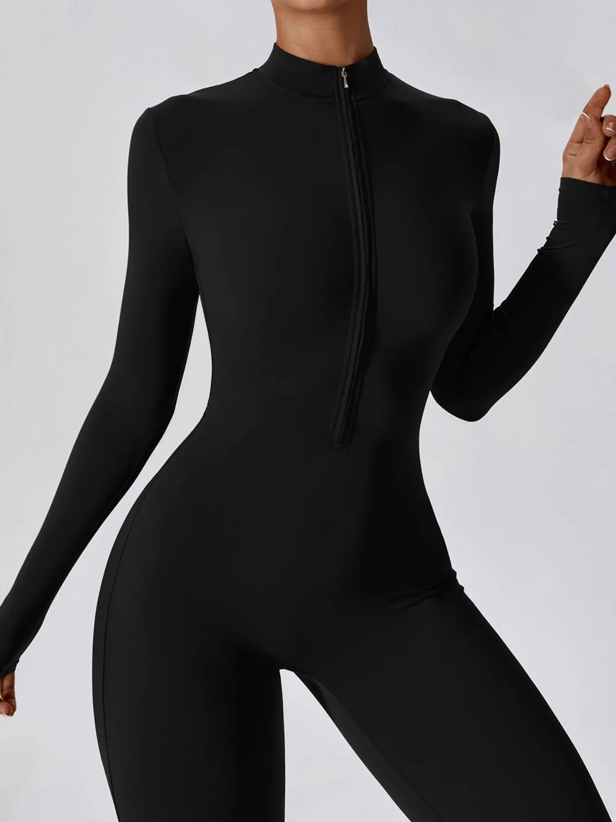Solid Zipper Round Neck High Rise Workout Bodysuits, 5 of 5