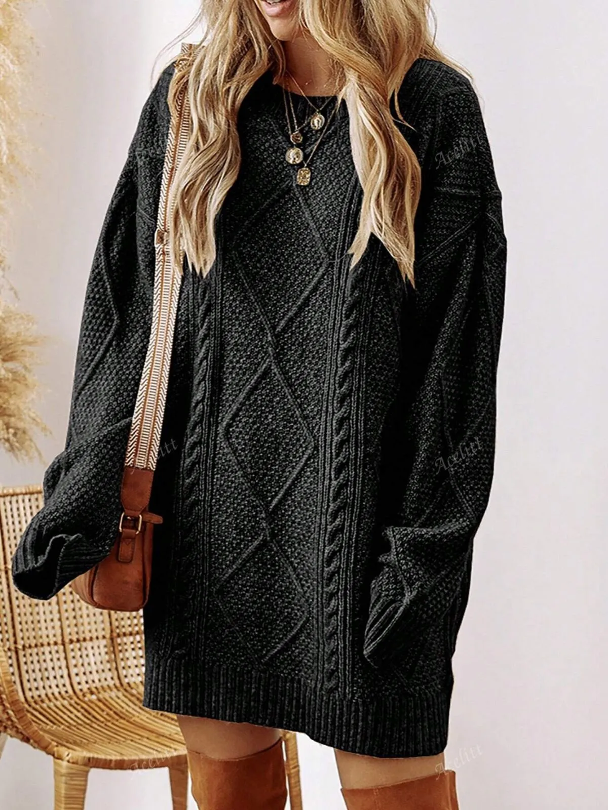 Oversized Apricot Solid Color Knitted Textured Pattern Dropped Shoulder Sweater Dress, 2 of 3