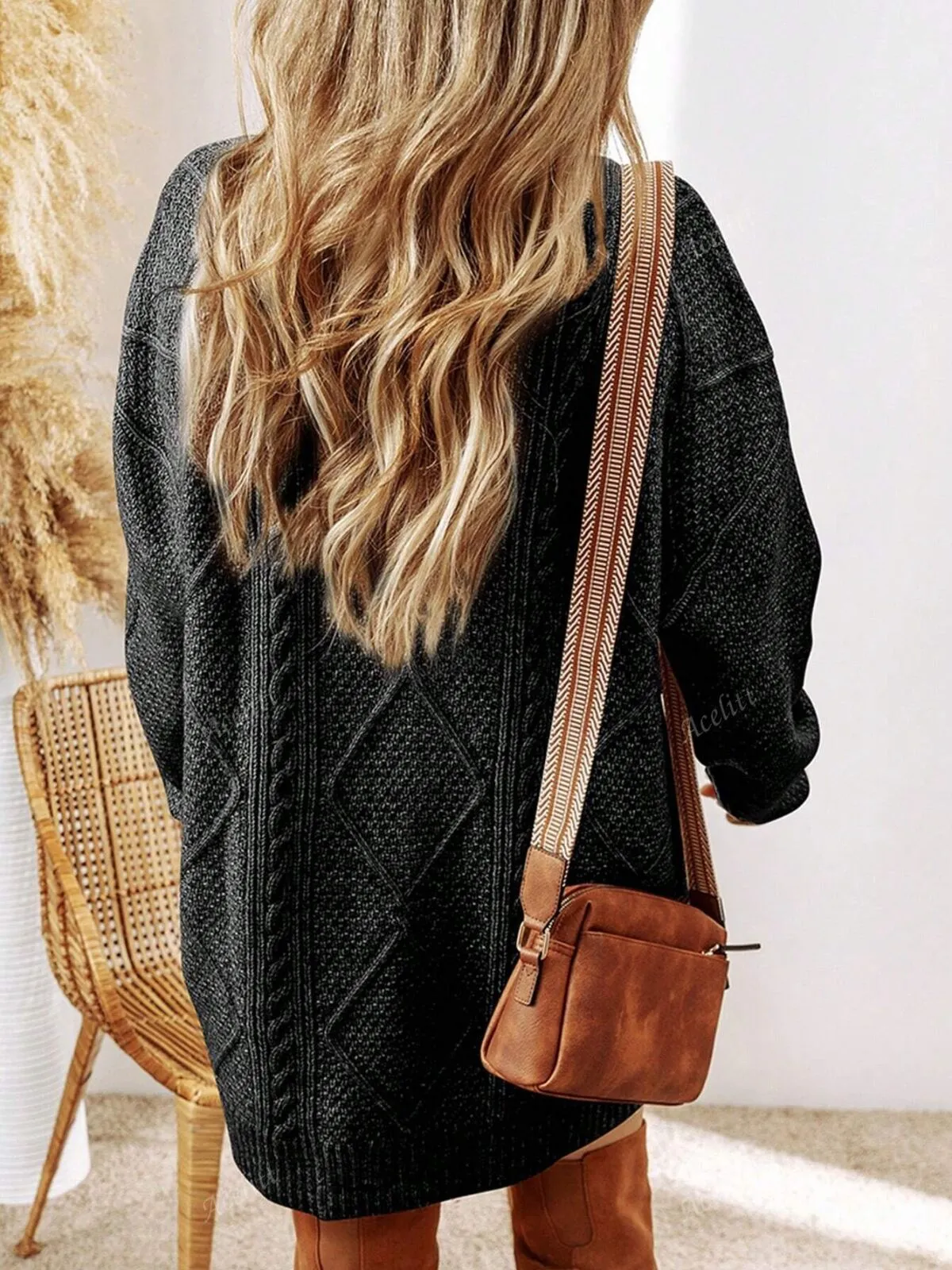 Oversized Apricot Solid Color Knitted Textured Pattern Dropped Shoulder Sweater Dress, 3 of 3