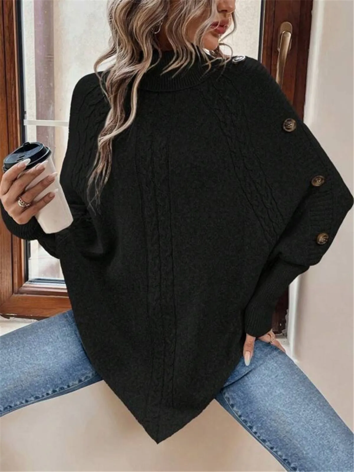 Solid Button High Neck Poncho Sweater, 1 of 4