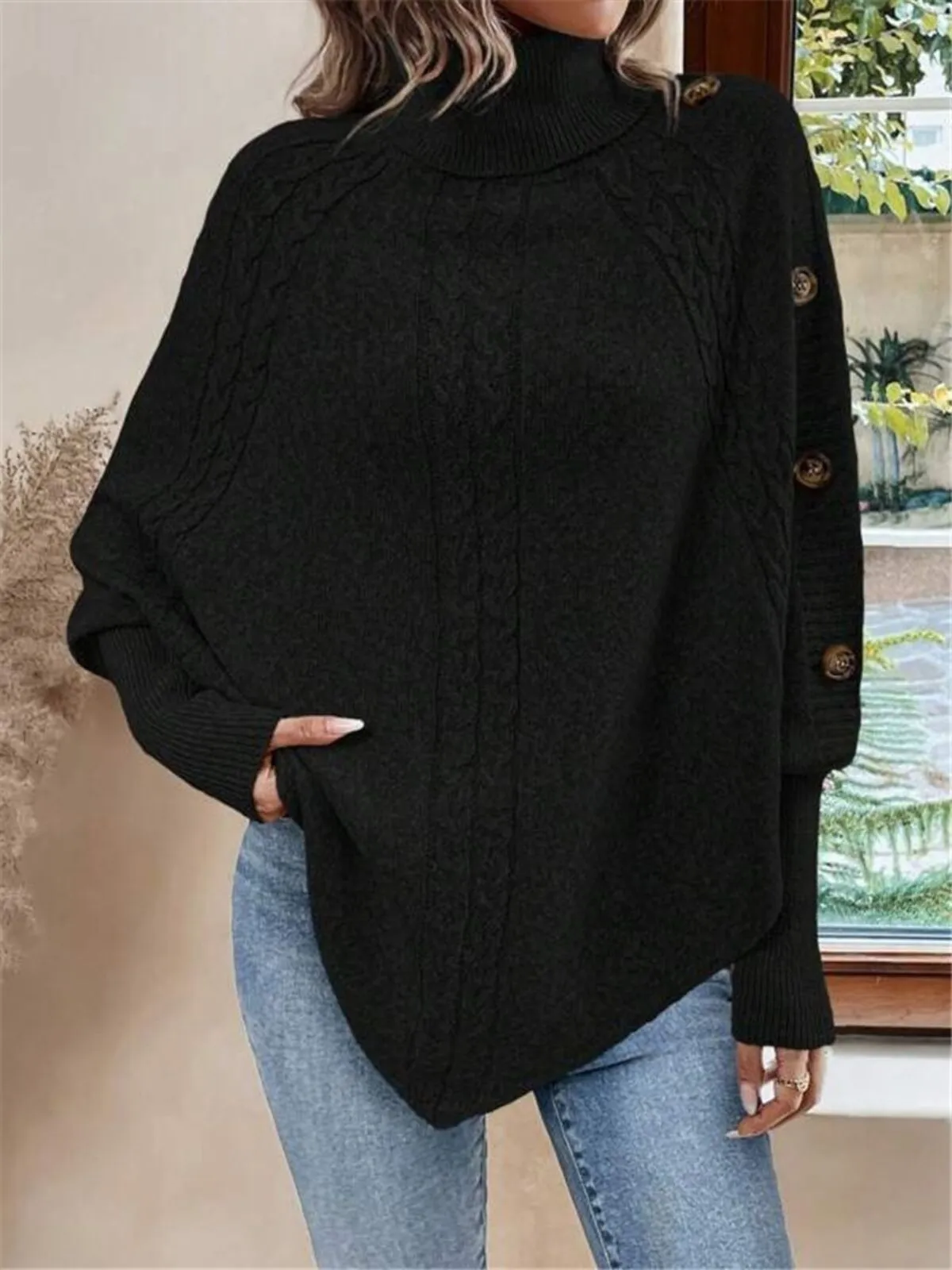 Solid Button High Neck Poncho Sweater, 2 of 4