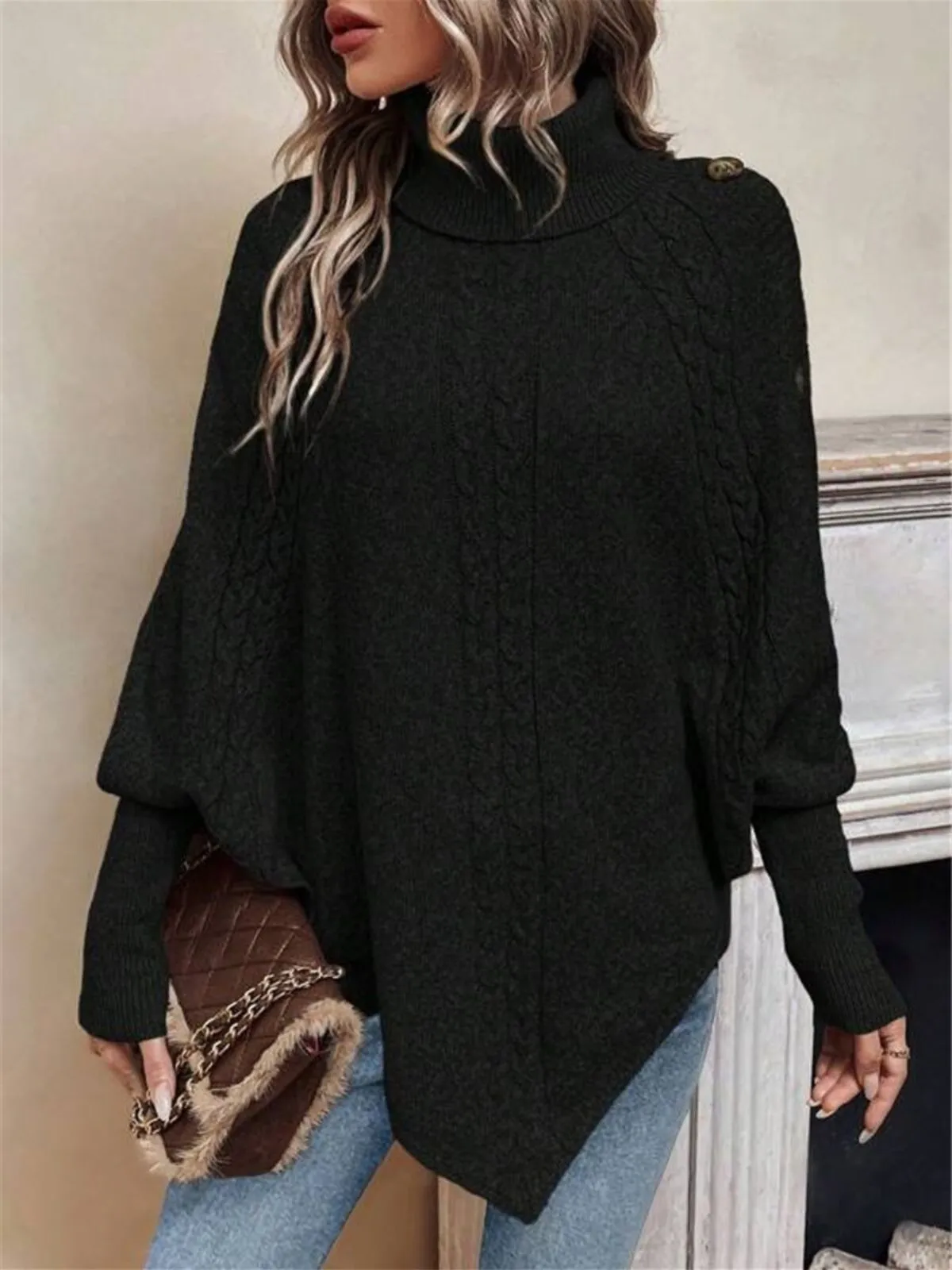 Solid Button High Neck Poncho Sweater, 3 of 4