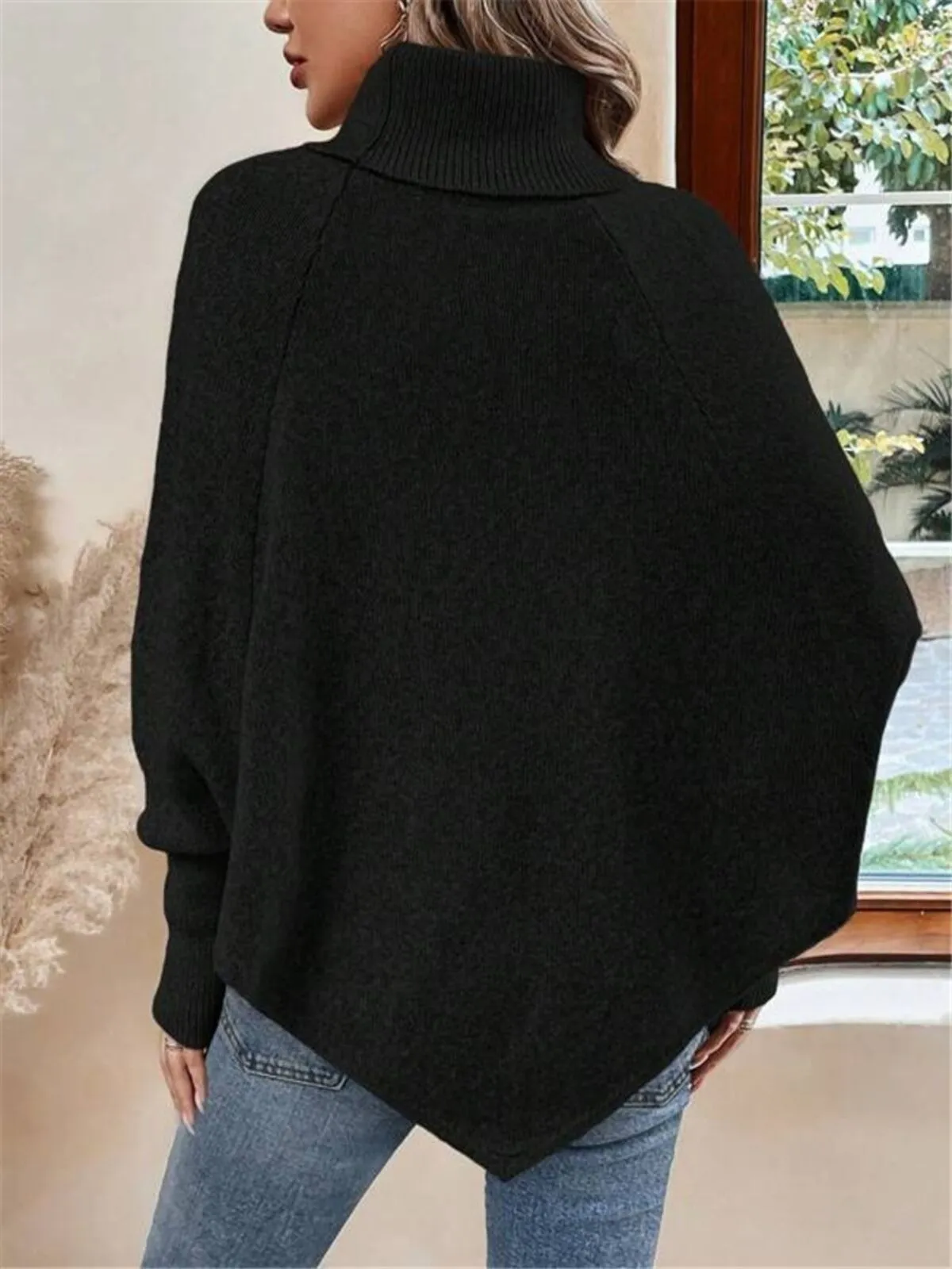 Solid Button High Neck Poncho Sweater, 4 of 4