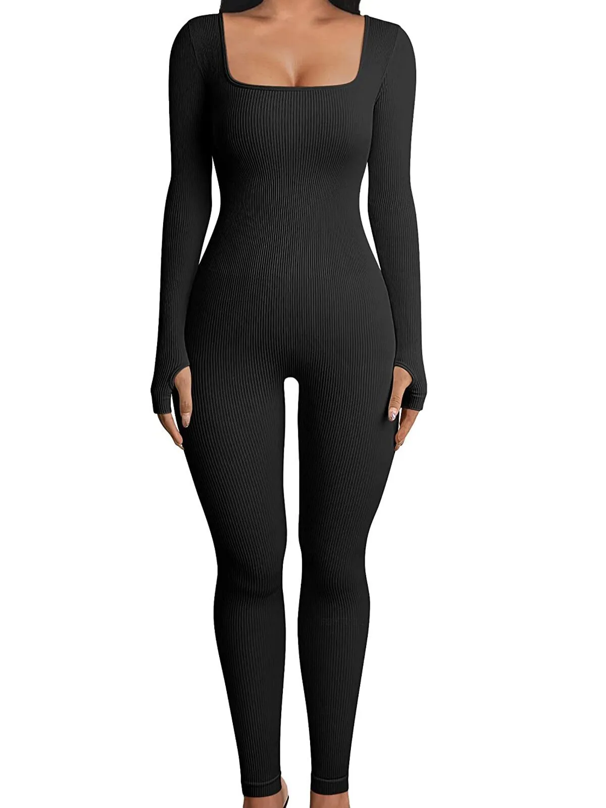 Stretchy Square Neck Long Sleeve Workout Bodysuits, 1 of 1