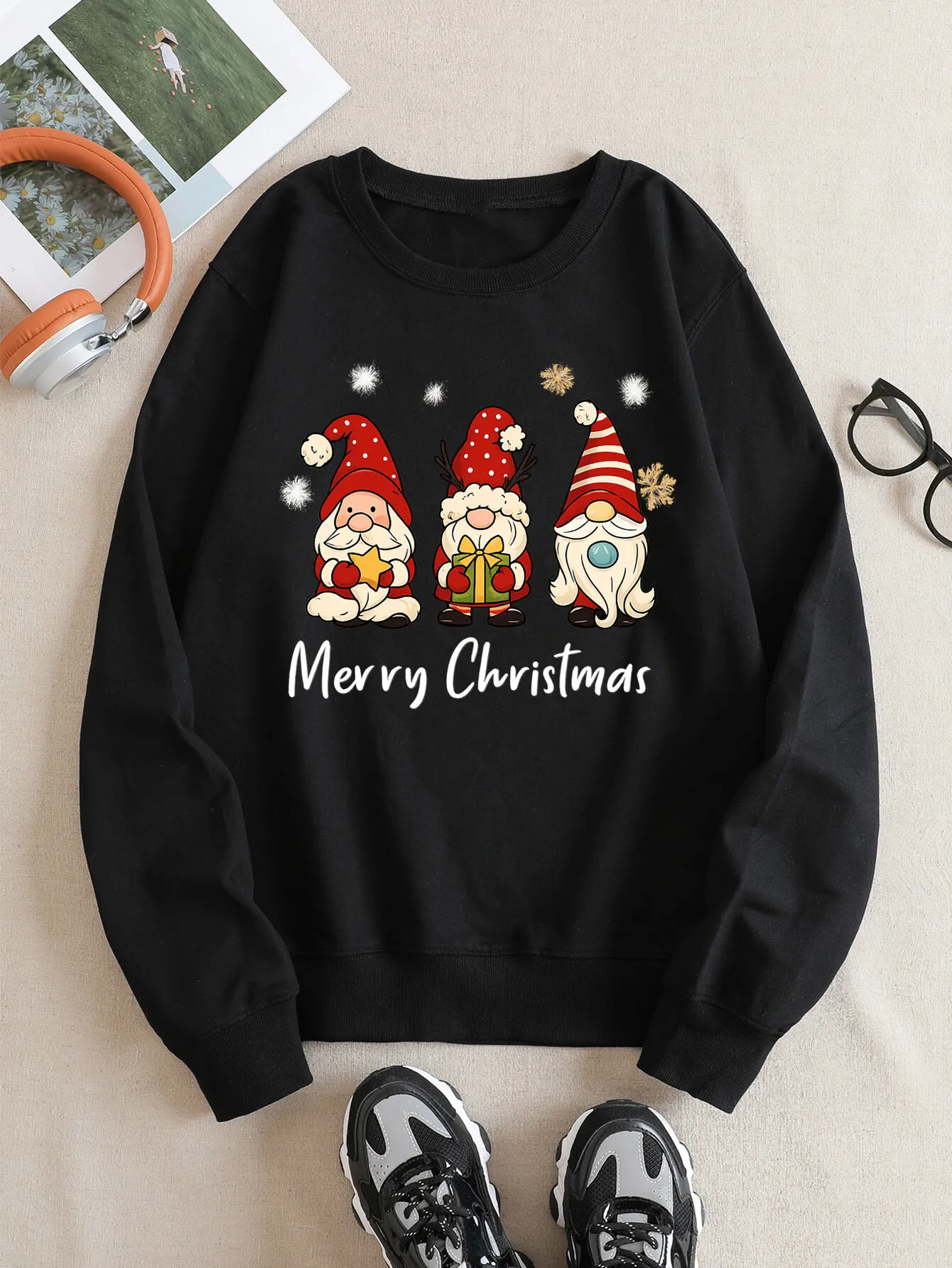 Christmas Gnome & Snowflake Print Round Neck Festive Pullover Sweatshirt, 1 of 3