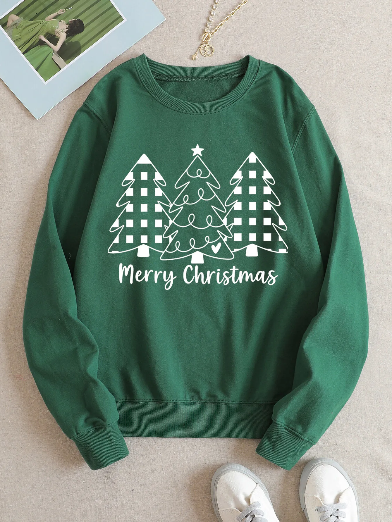 Christmas Tree Letter Merry Christmas Print Round Neck Festive Pullover Sweatshirt, 1 of 3