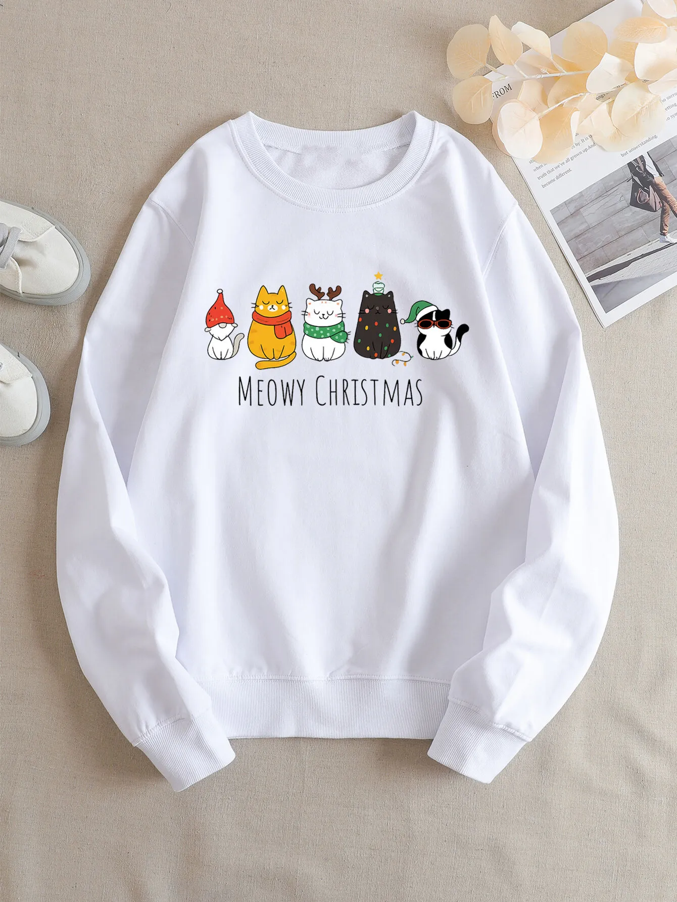 Christmas Cute Cats Santa Hat Round Neck Sweatshirt, 1 of 3