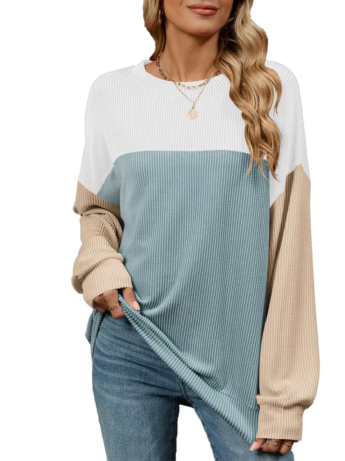 Colorblock Round Neck Trendy Casual Pullover T-shirt, 1 of 4