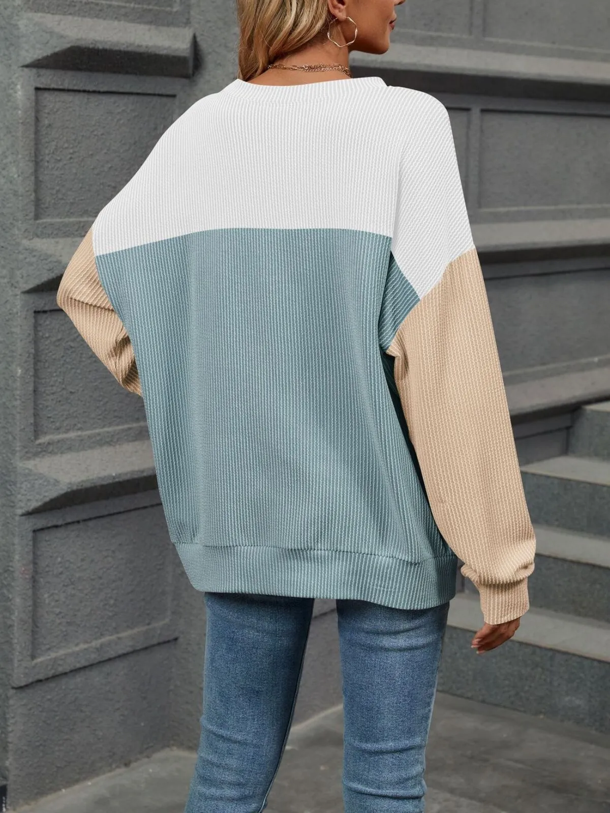 Colorblock Round Neck Trendy Casual Pullover T-shirt, 2 of 4