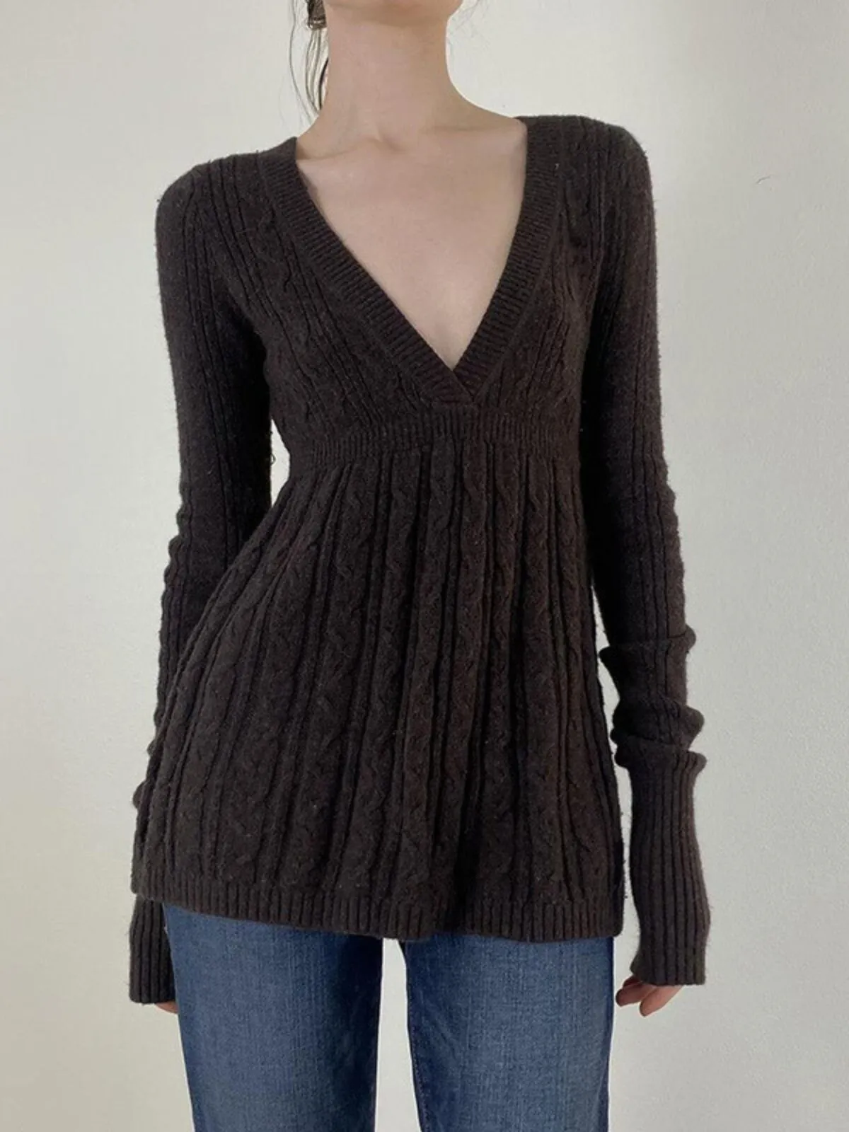 Solid V-neck Pastel Goth Soft Sweet Cute Knitted Pullover Sweater, 1 of 9
