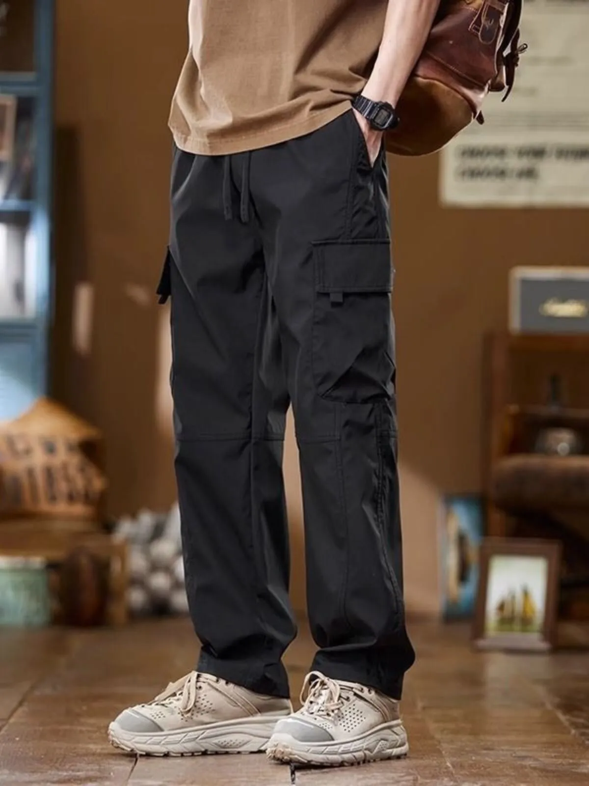 Men's Cargo Pants Casual Straight Leg Pockets Medium Rise Pull On Baggy Streetwear Hiking Pants, 1 of 2