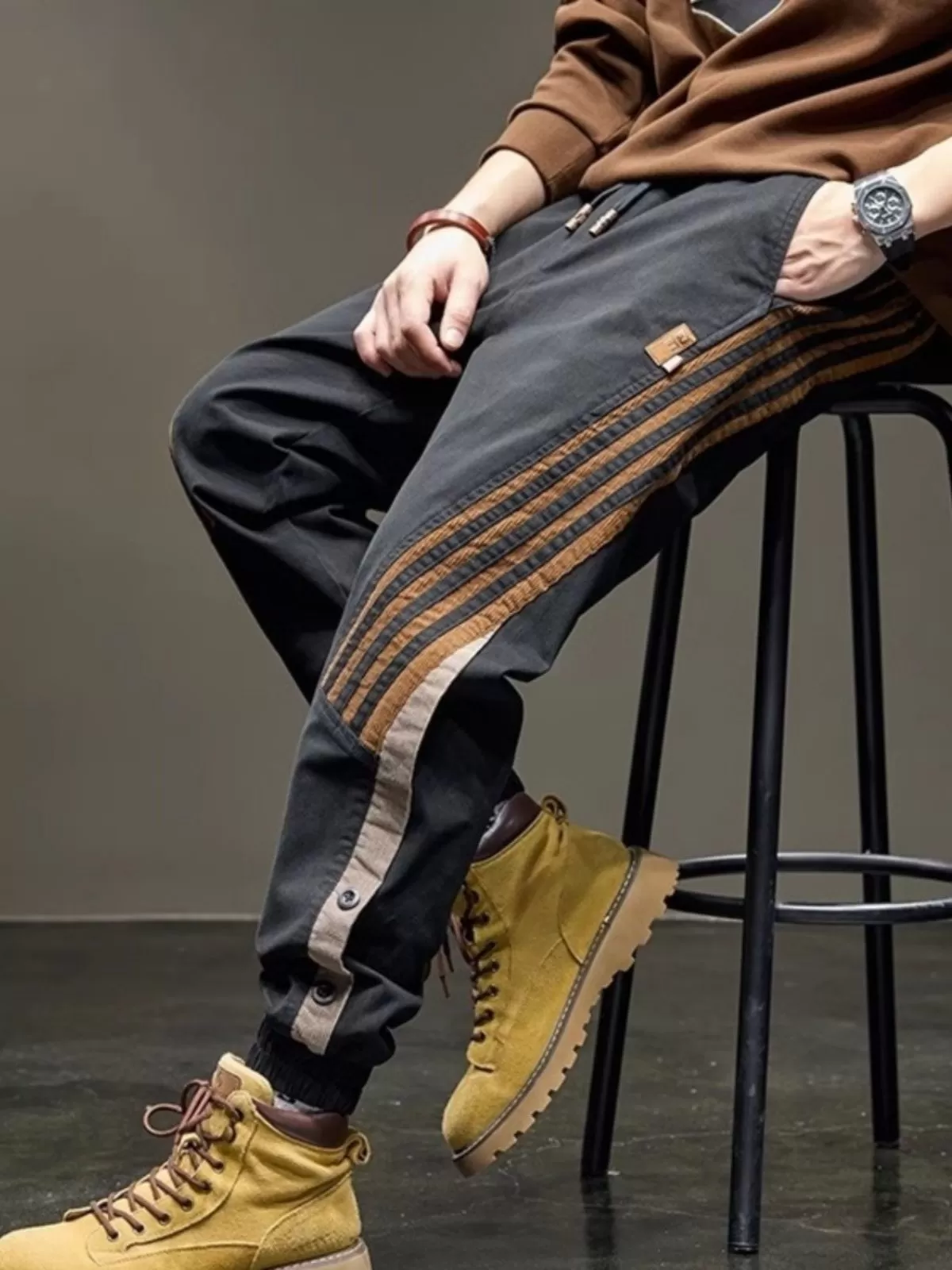 Men's Cargo Pants Stitching Fashion Casual Thin Elastic Breathable Ankle-Tied Sports Sweatpants, 1 of 4