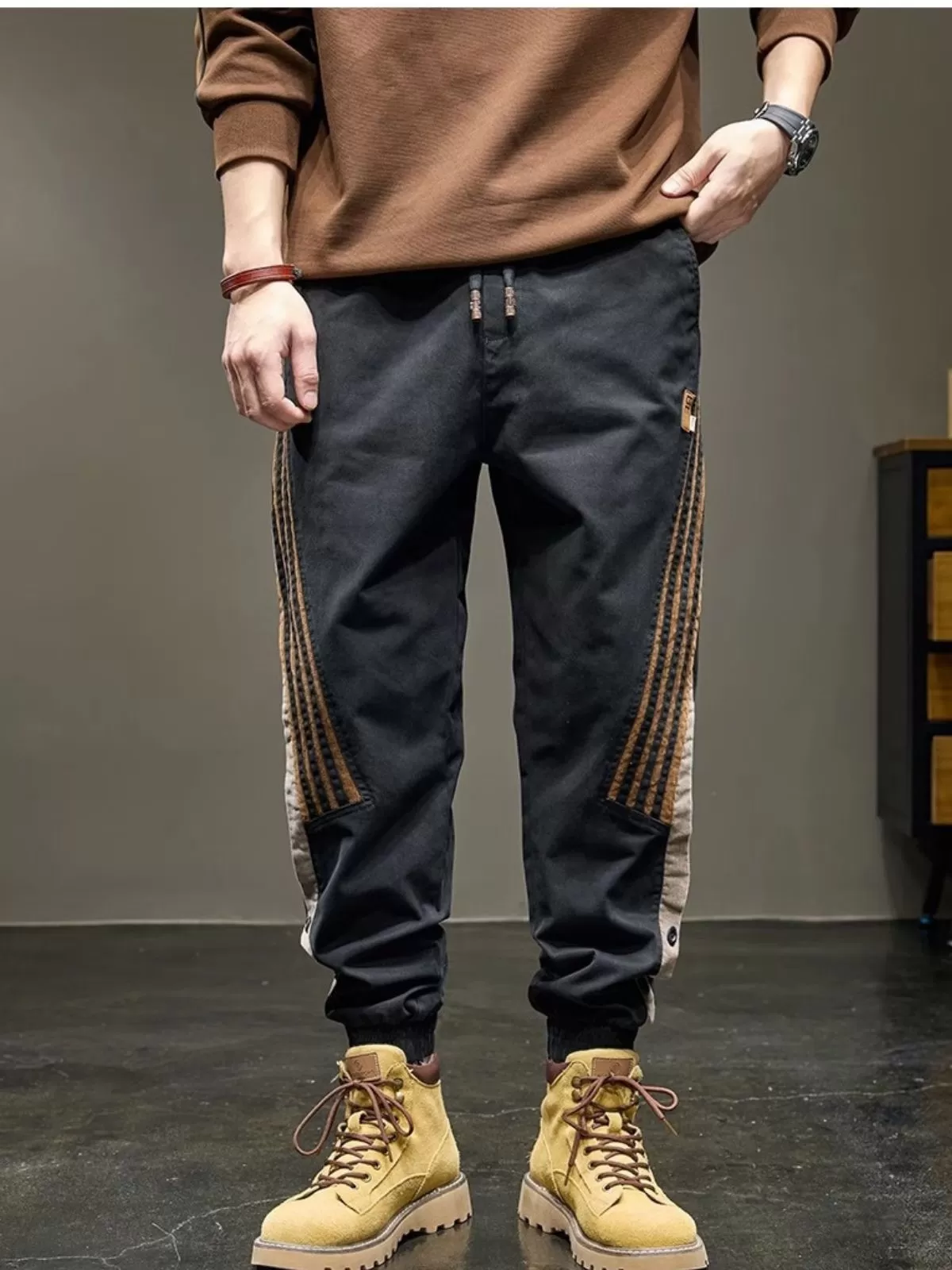 Men's Cargo Pants Stitching Fashion Casual Thin Elastic Breathable Ankle-Tied Sports Sweatpants, 3 of 4