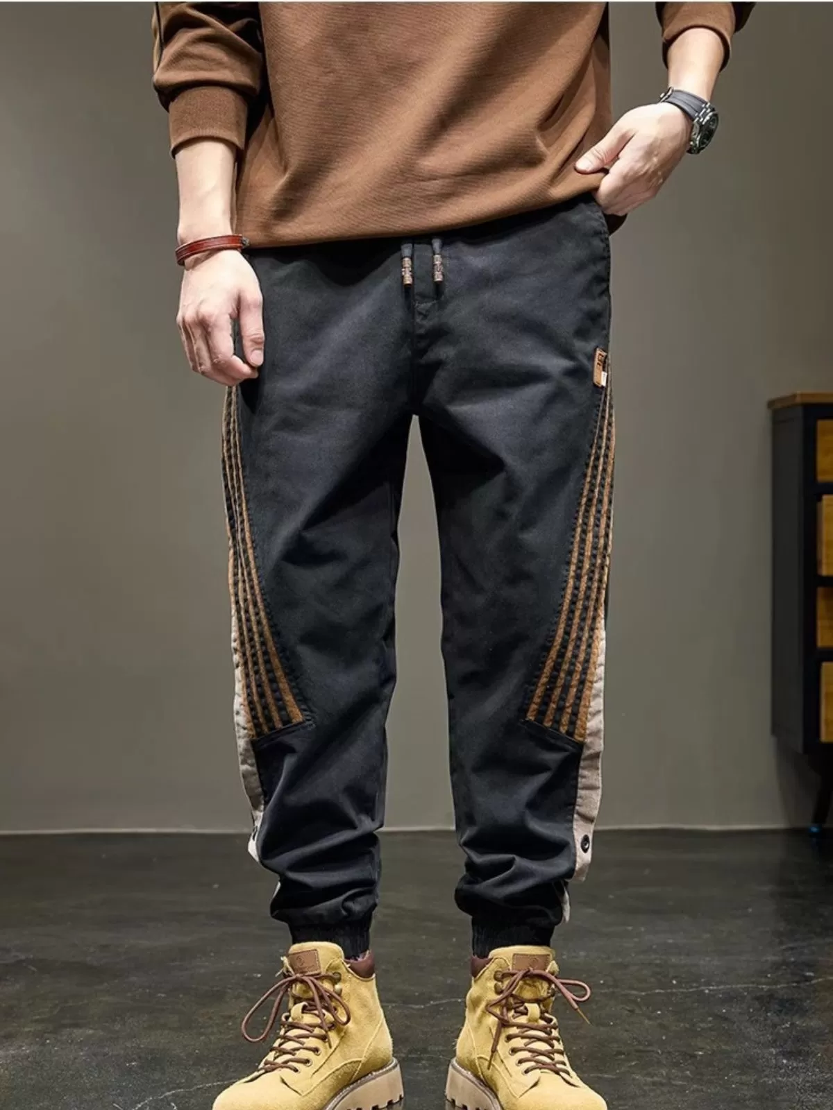 Men's Cargo Pants Stitching Fashion Casual Thin Elastic Breathable Ankle-Tied Sports Sweatpants, 4 of 4