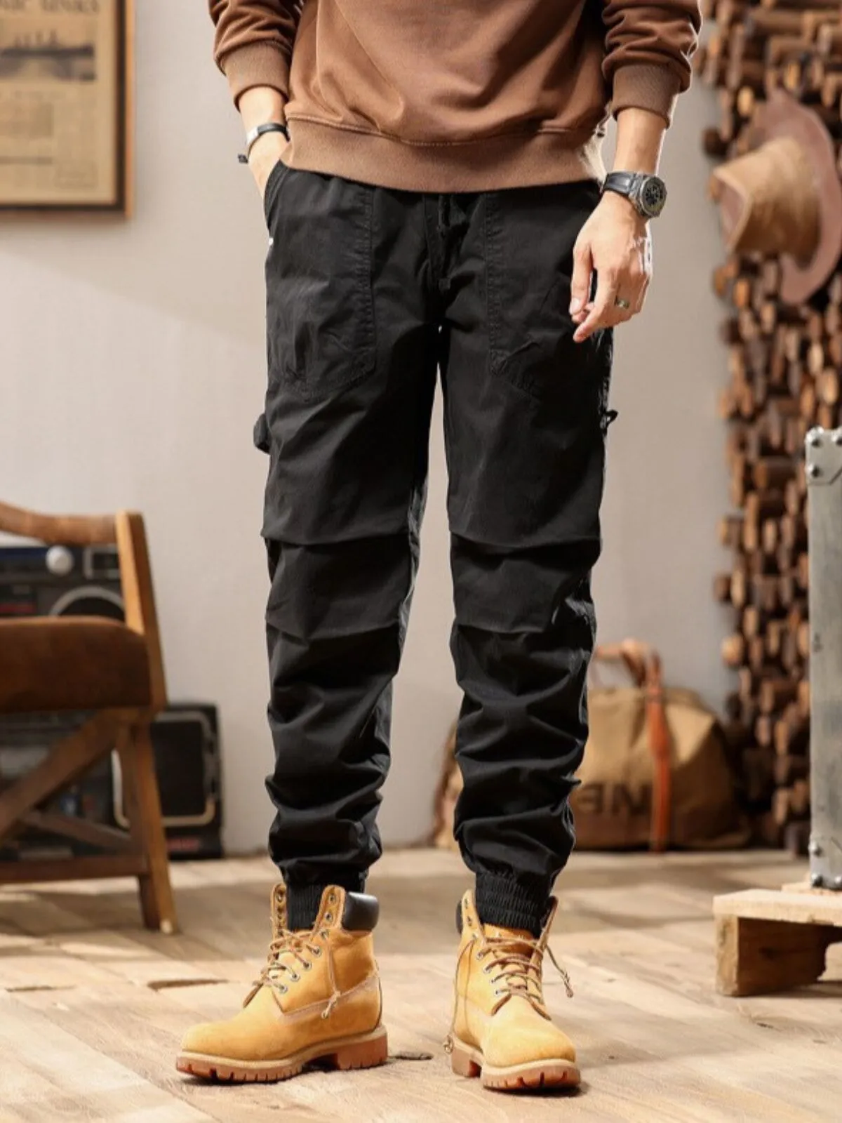 Men's Cargo Pants Solid Color High Waisted Pockets Elastic Casual Retro Fashion Spring Autumn Pants, 1 of 3