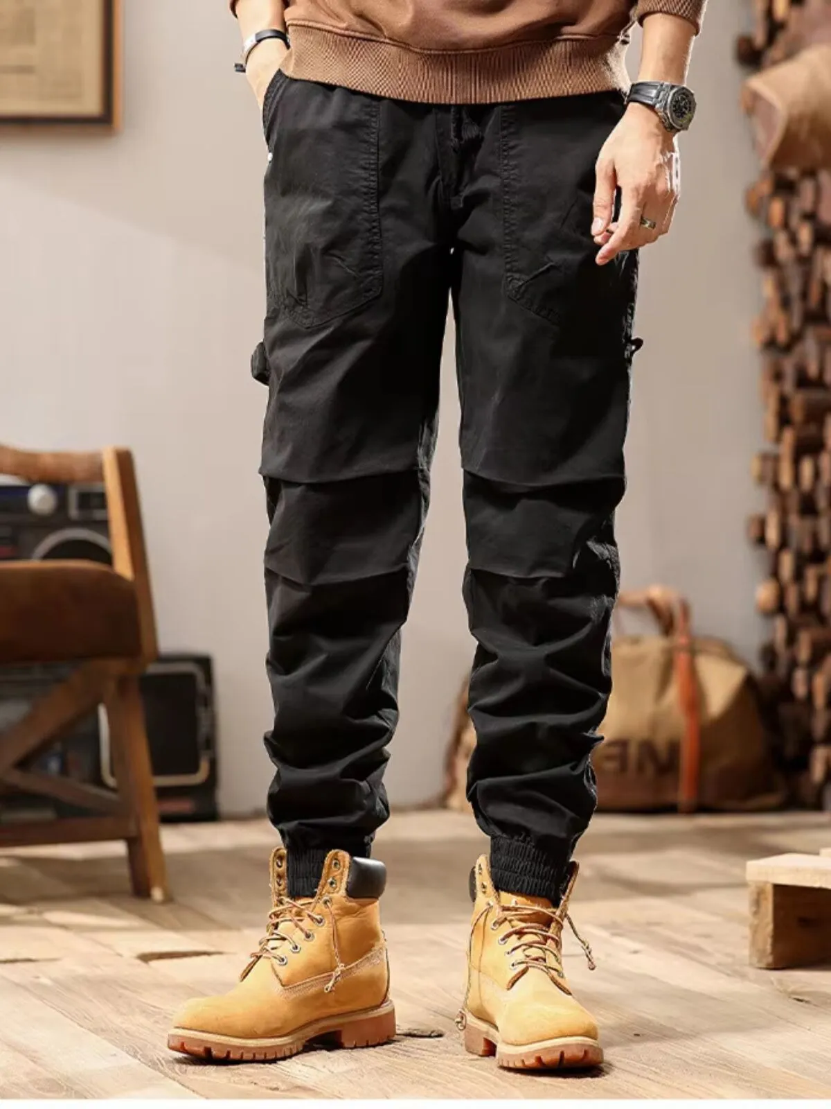 Men's Cargo Pants Solid Color High Waisted Pockets Elastic Casual Retro Fashion Spring Autumn Pants, 2 of 3