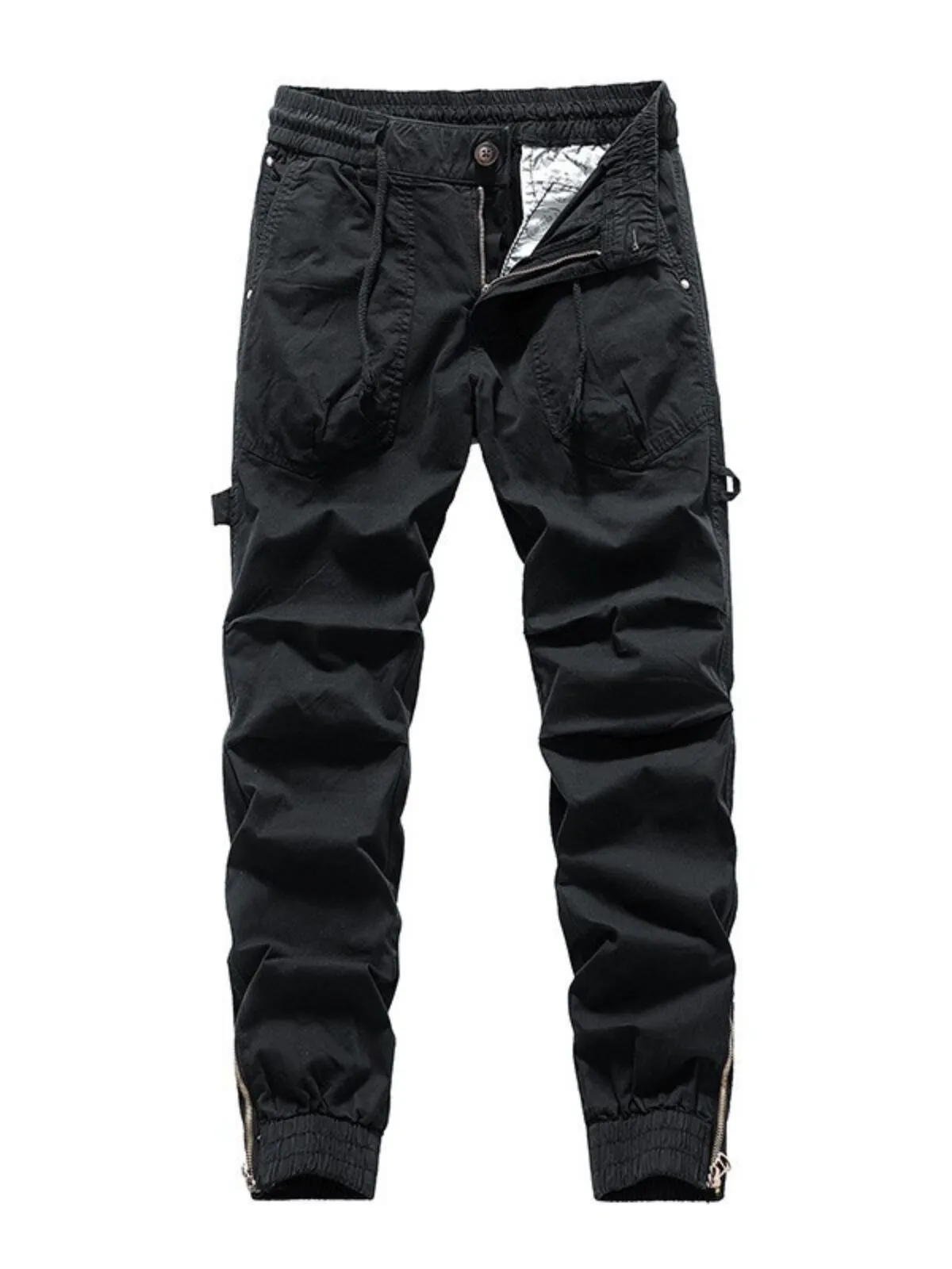 Men's Cargo Pants Solid Color High Waisted Pockets Elastic Casual Retro Fashion Spring Autumn Pants, 3 of 3
