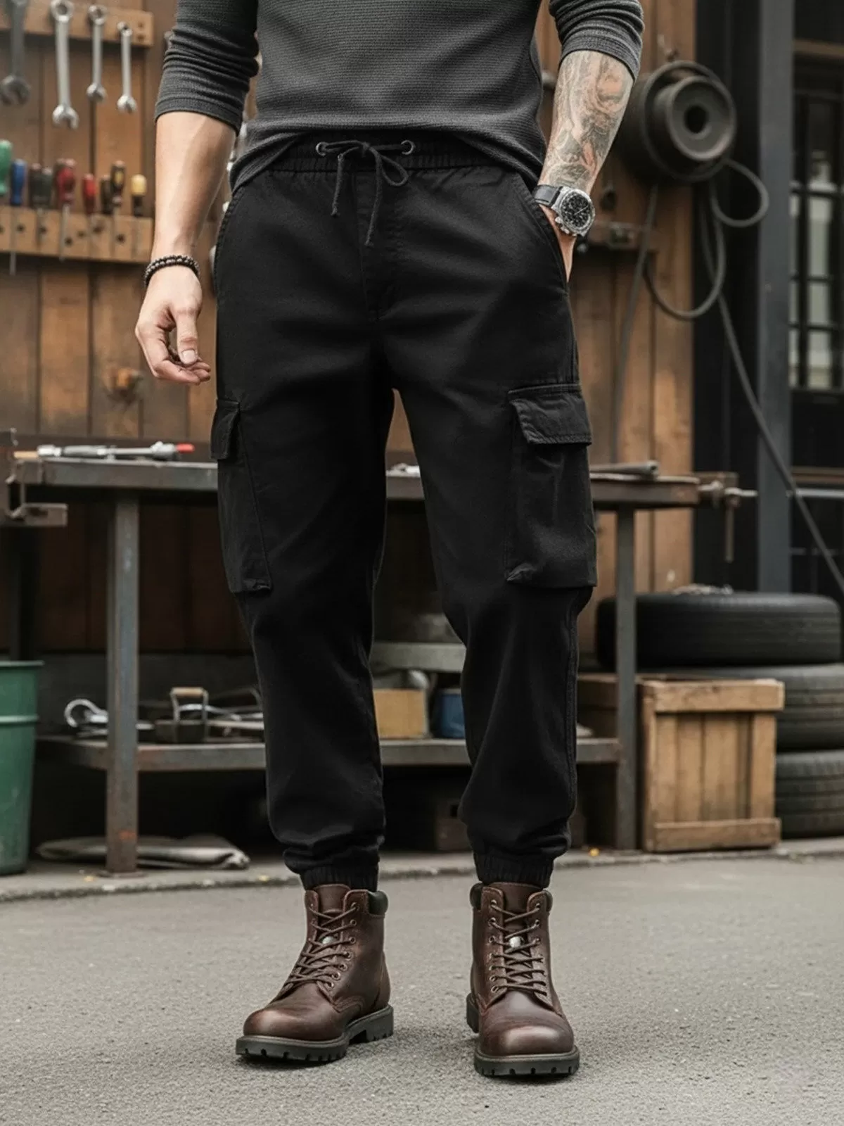 Men's Cargo Pants Multi-Pocket Drawstring Wear-resistant Casual Loose Spring and Autumn Reinforced Work Trousers, 1 of 3